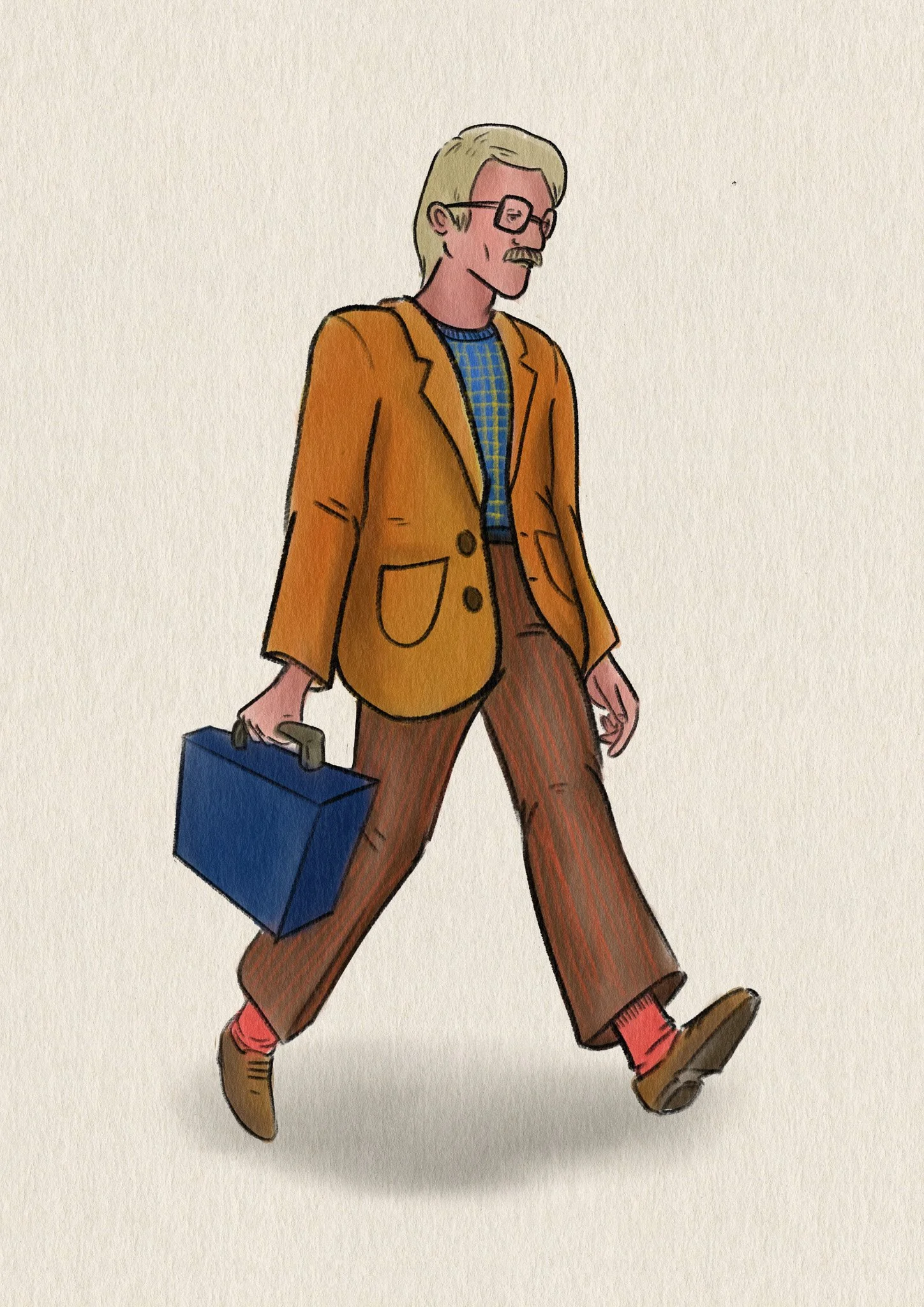 Un homme avec des cheveux blonds, portant des lunettes, une veste orange, un pantalon marron à rayures, tenant une mallette bleue, marchant.