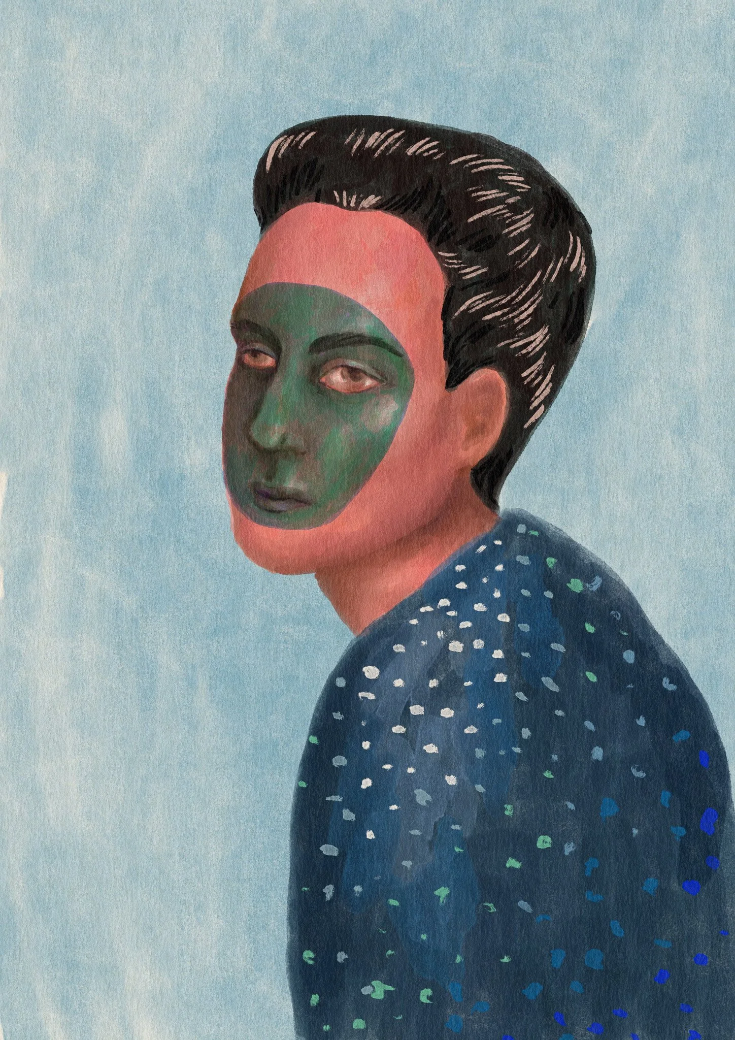 Une illustration d'une personne avec le visage peint en vert, portant un vêtement à motifs et ayant des cheveux noirs coiffés en arrière, contre un fond bleu clair.