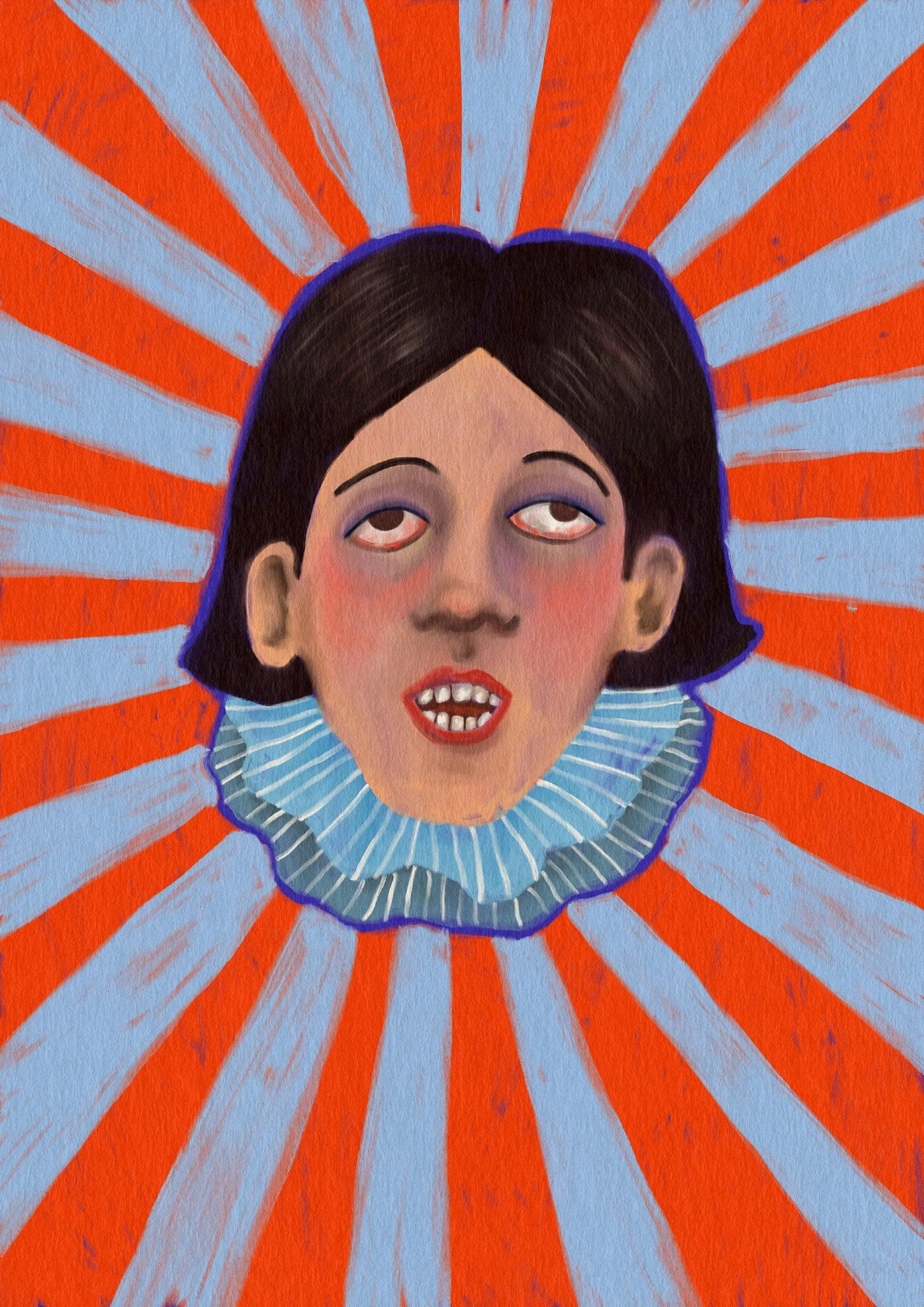 Portrait d'une personne avec un visage expressionniste, portant un col à rayures et un fond rayé rouge et bleu.