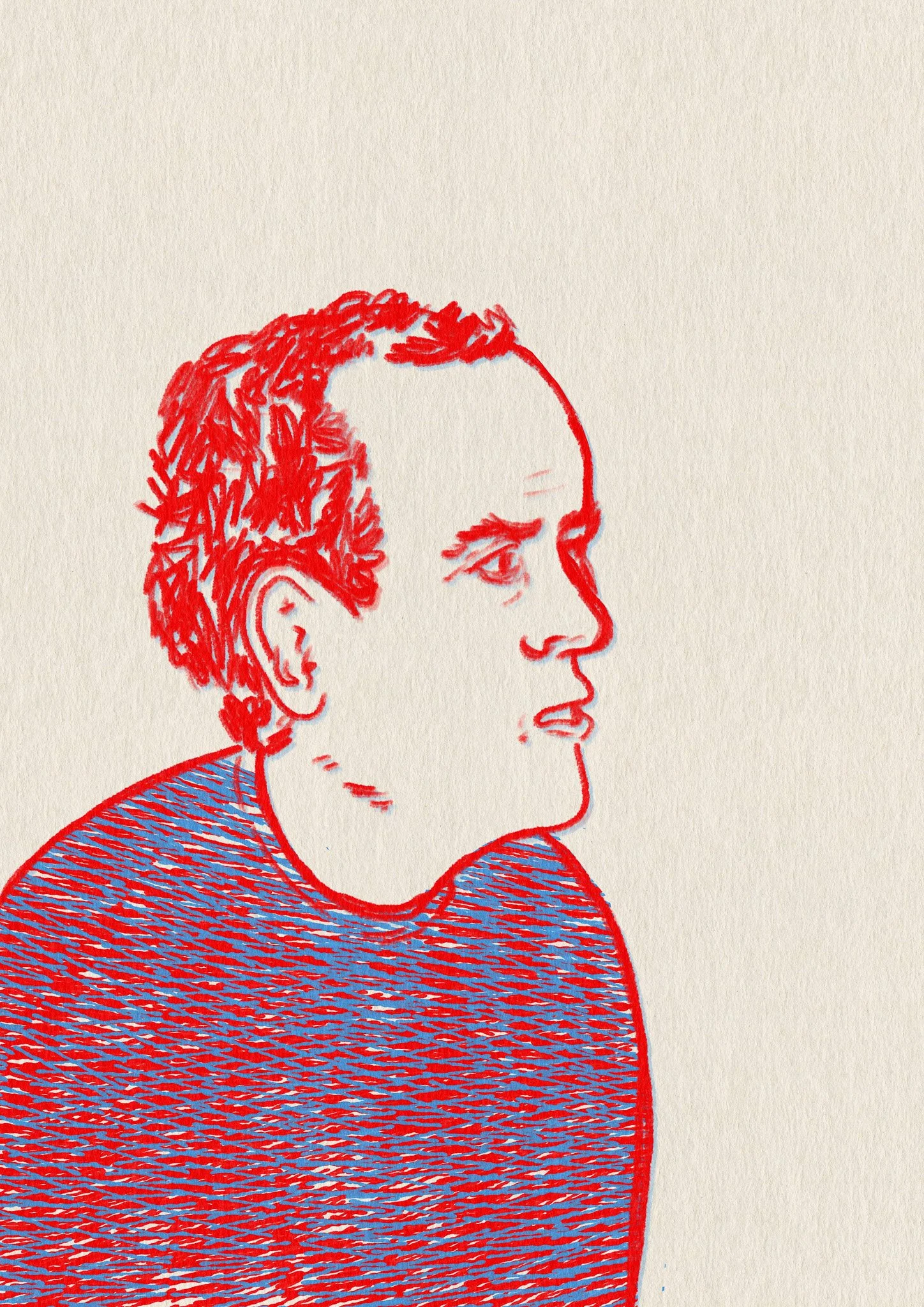 Illustration d'un homme de profil, dessiné avec des lignes rouges et bleues sur un fond beige.