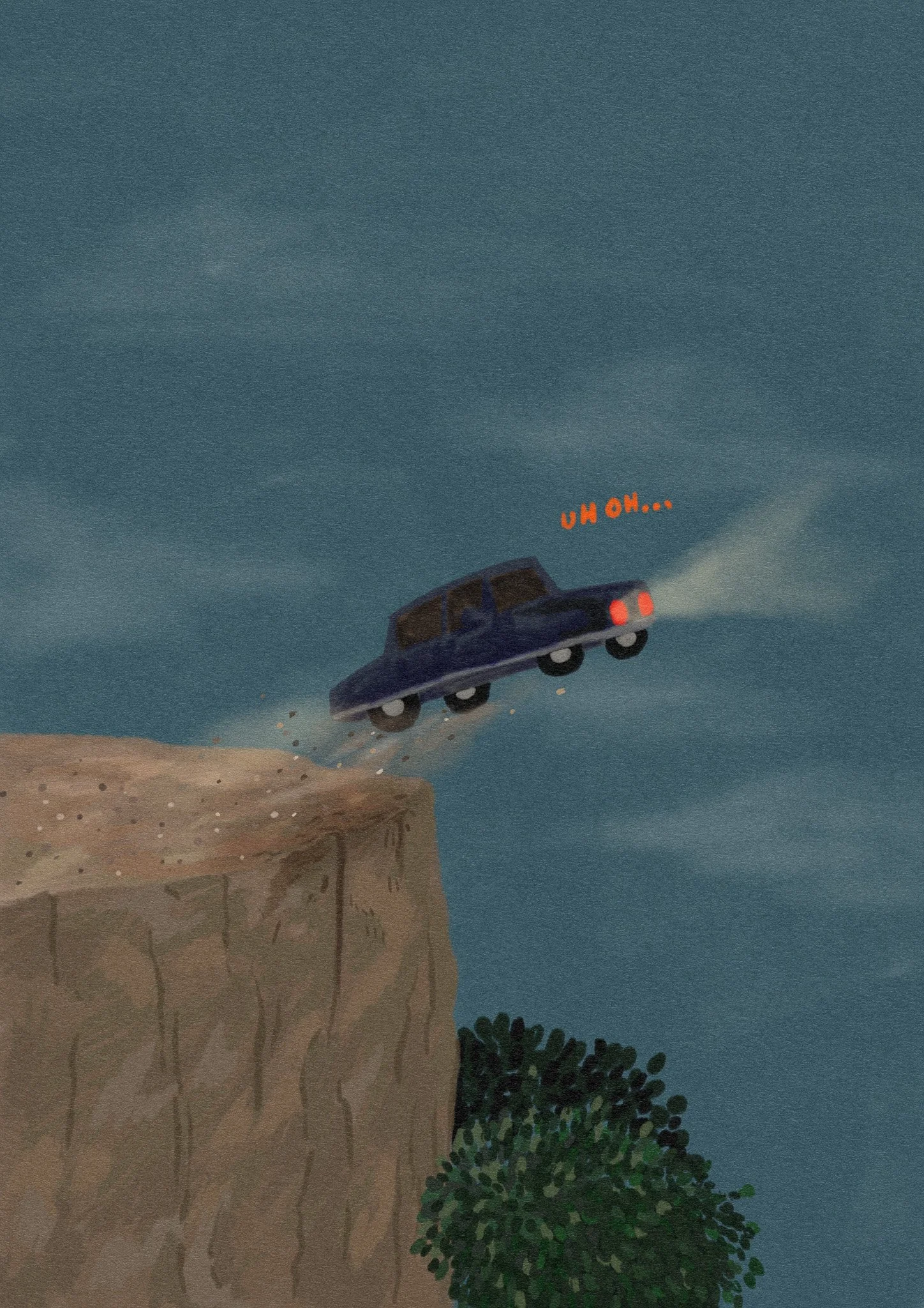 Une voiture bleue tombe d'une falaise, laissant échapper de la fumée de l'échappement et un texte en rouge 'UH OH...'