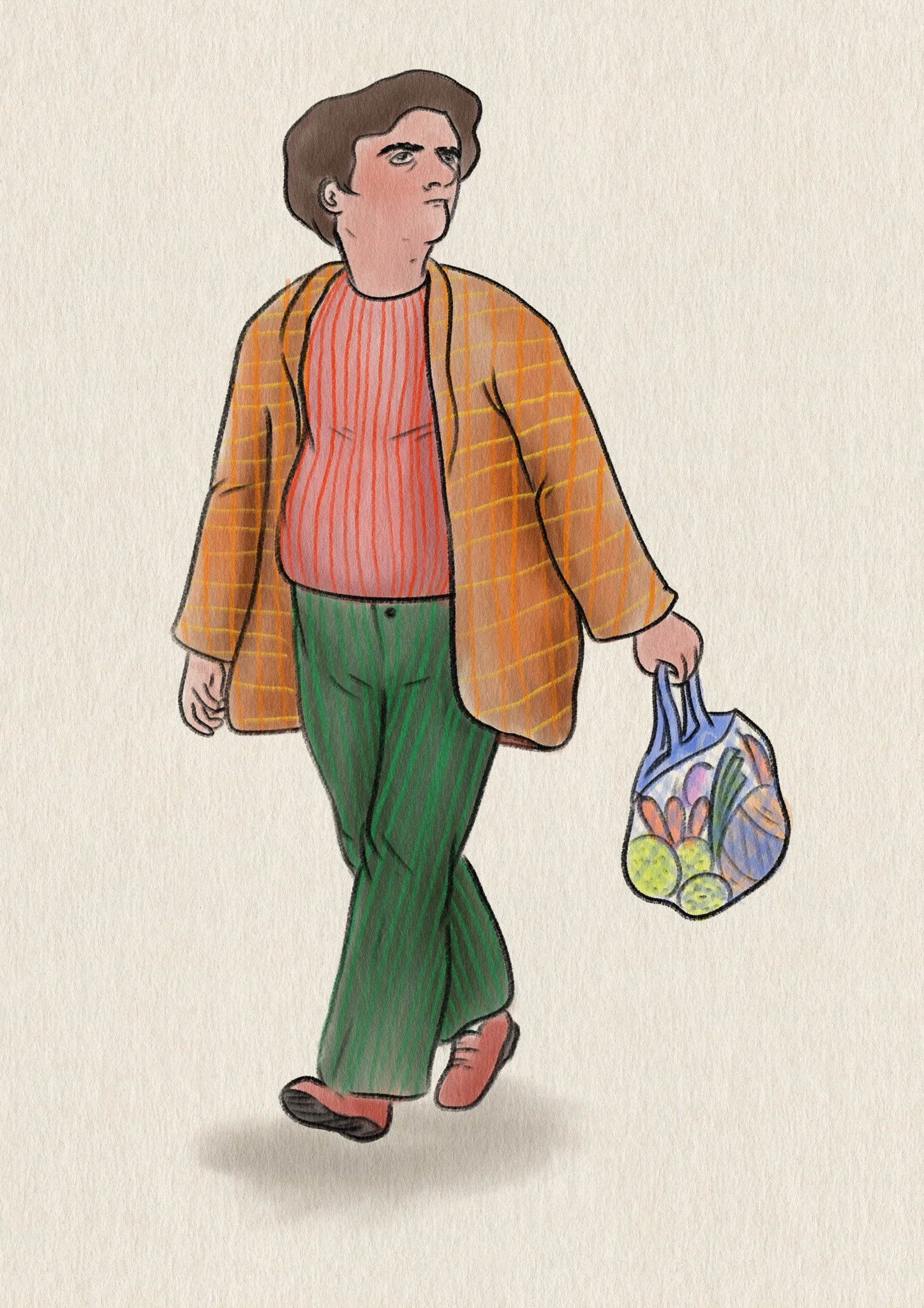 Personnage marchant avec un sac d'épicerie contenant des fruits et légumes.