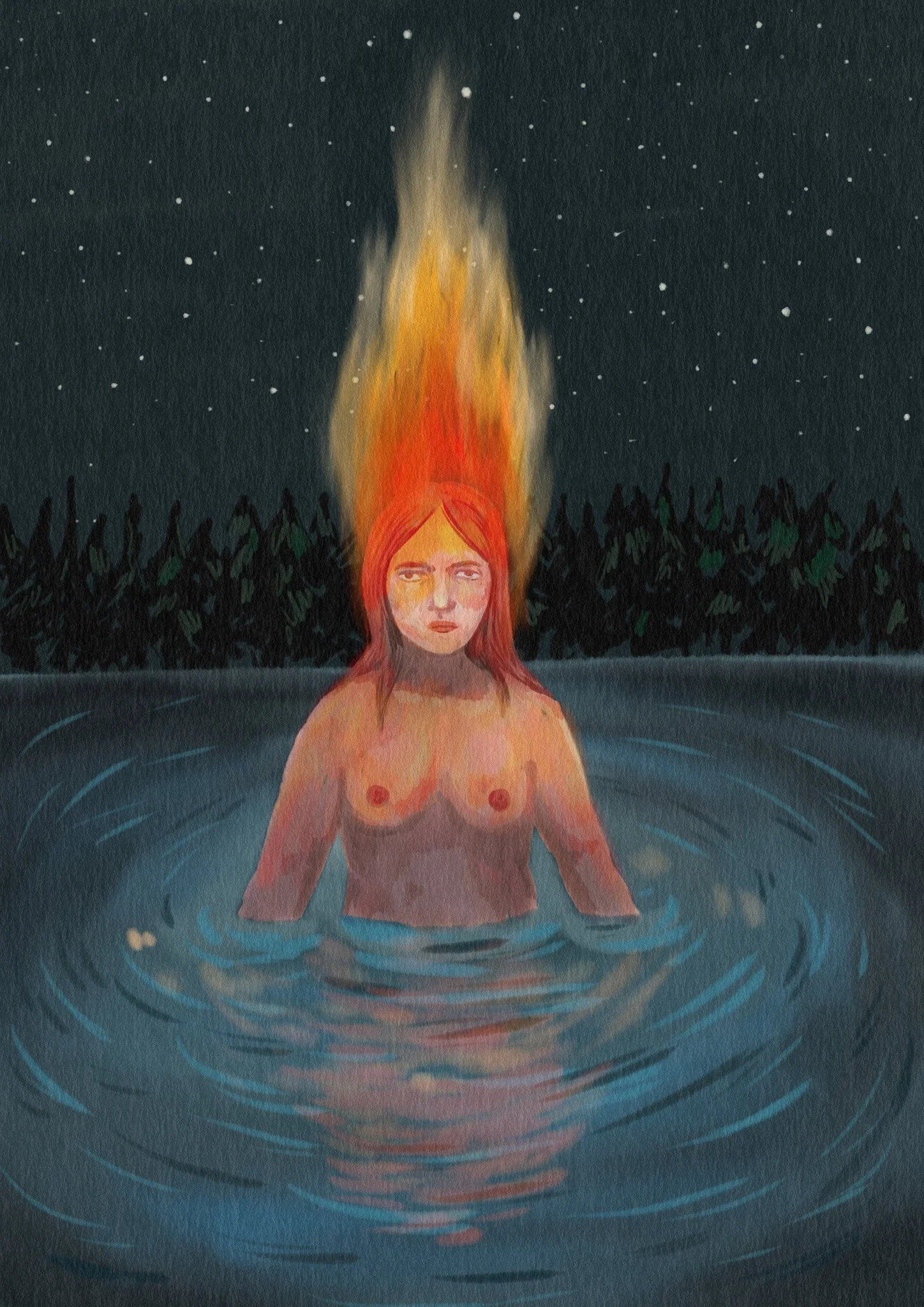 Une femme nue avec des cheveux roux se tient dans l'eau, avec une flamme en forme de tête au-dessus de sa tête, sous un ciel étoilé.