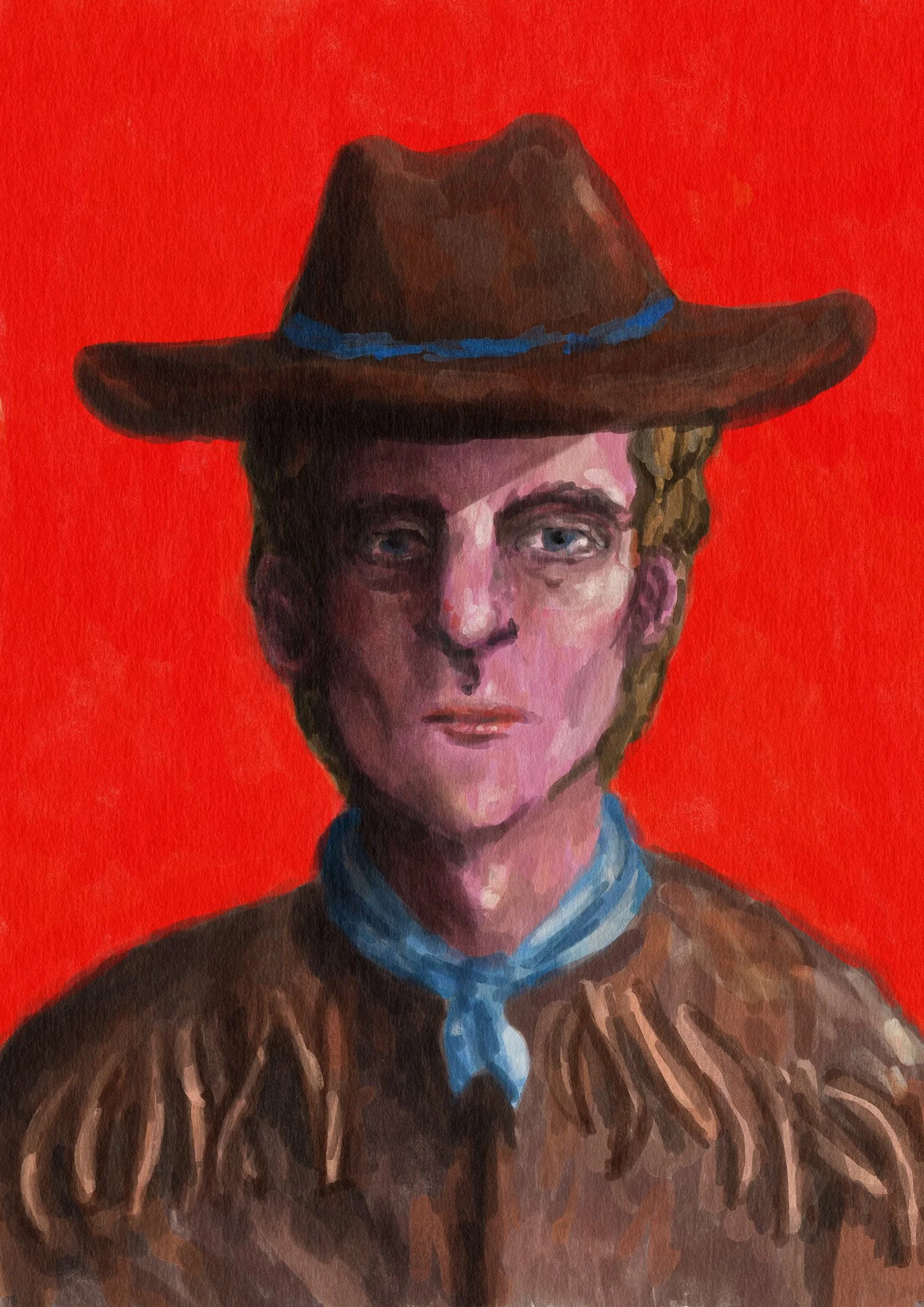 Portrait d'une femme portant un chapeau marron avec une bande bleue et une chemise bleue, sur un fond rouge.