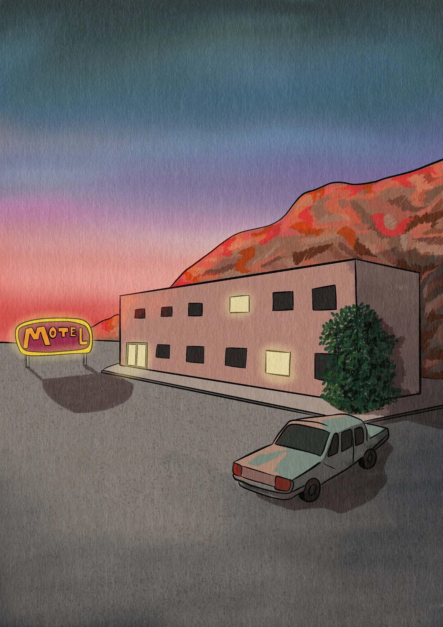 Une photo d'un motel avec un panneau lumineux, un bâtiment avec des fenêtres illuminées, une voiture garée et un coucher de soleil derrière une montagne.