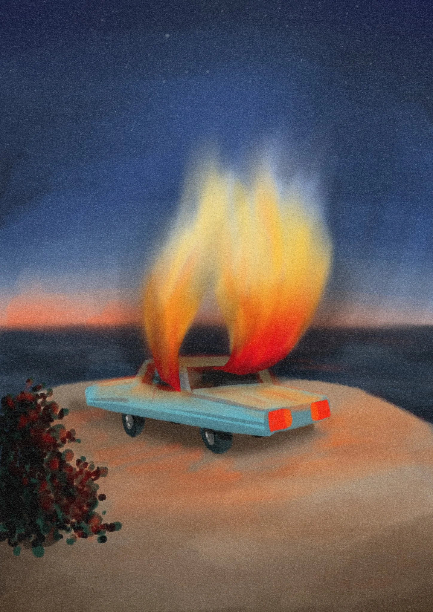 Une voiture en flammes sur une plage au coucher du soleil.