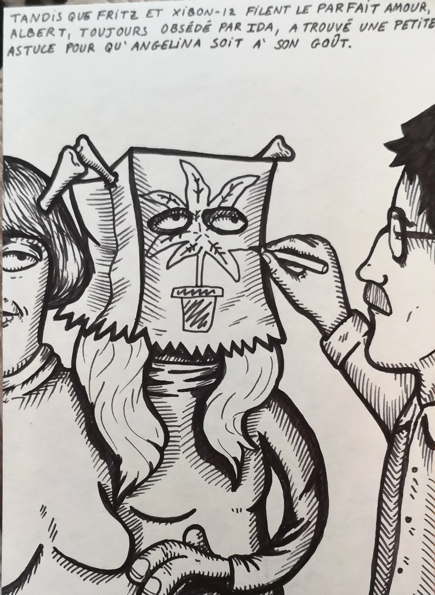 Une personne dessine une affiche de protestation avec un dessin d'une feuille de cannabis transformée en visage humain, en compagnie d'une autre personne observant.