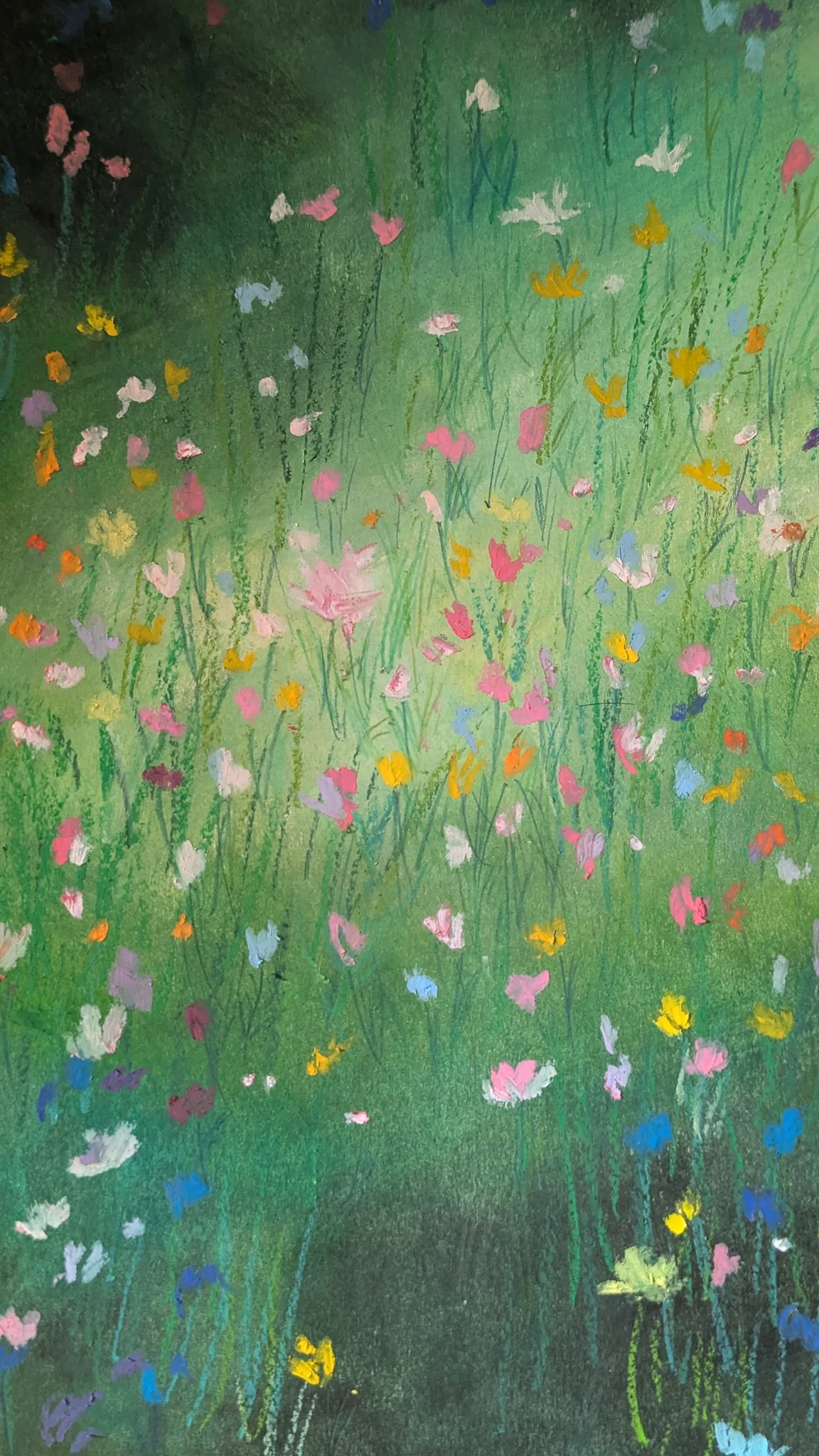 Peinture représentant un champ de fleurs colorées avec un arrière-plan vert.