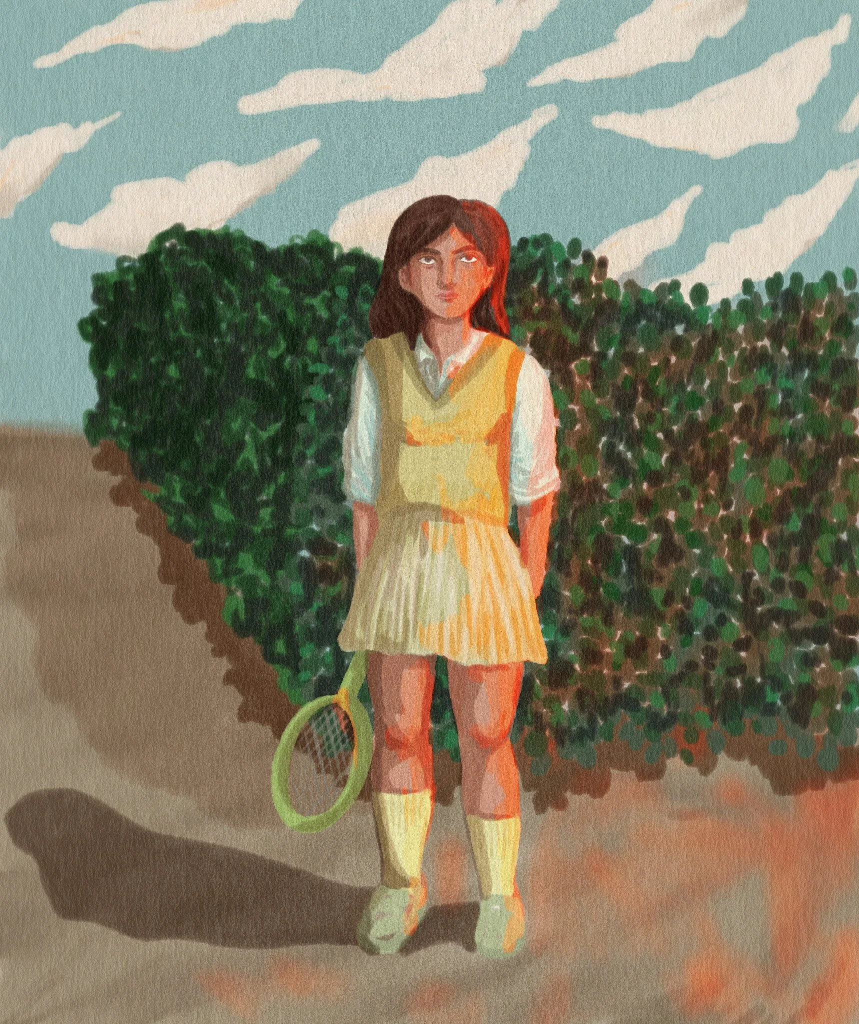 Une jeune fille en tenue de tennis avec une raquette, debout sur un terrain de tennis avec des buissons en arrière-plan, par une journée ensoleillée.