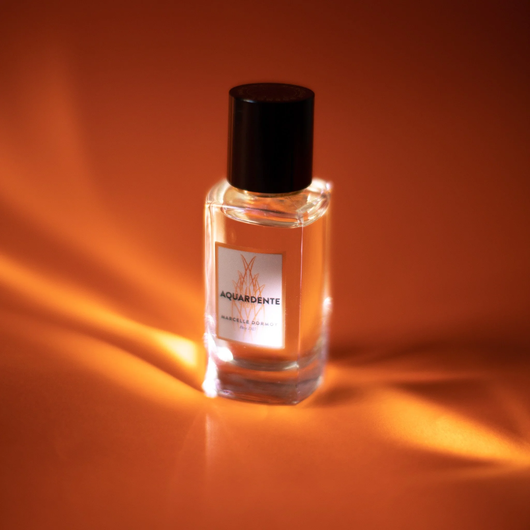 Flacon de parfum clair avec un capuchon noir, étiqueté "AQUARDENTE" sur fond orange avec lumière douce.