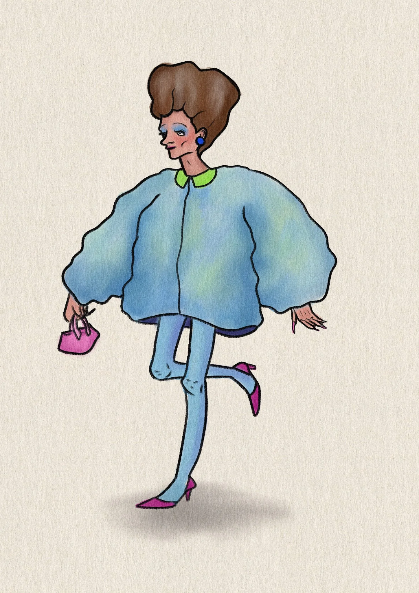 Une femme élégante en robe oversize bleu clair, portant des talons roses, tenant un petit sac rose, avec des cheveux bouclés bruns et du maquillage coloré.