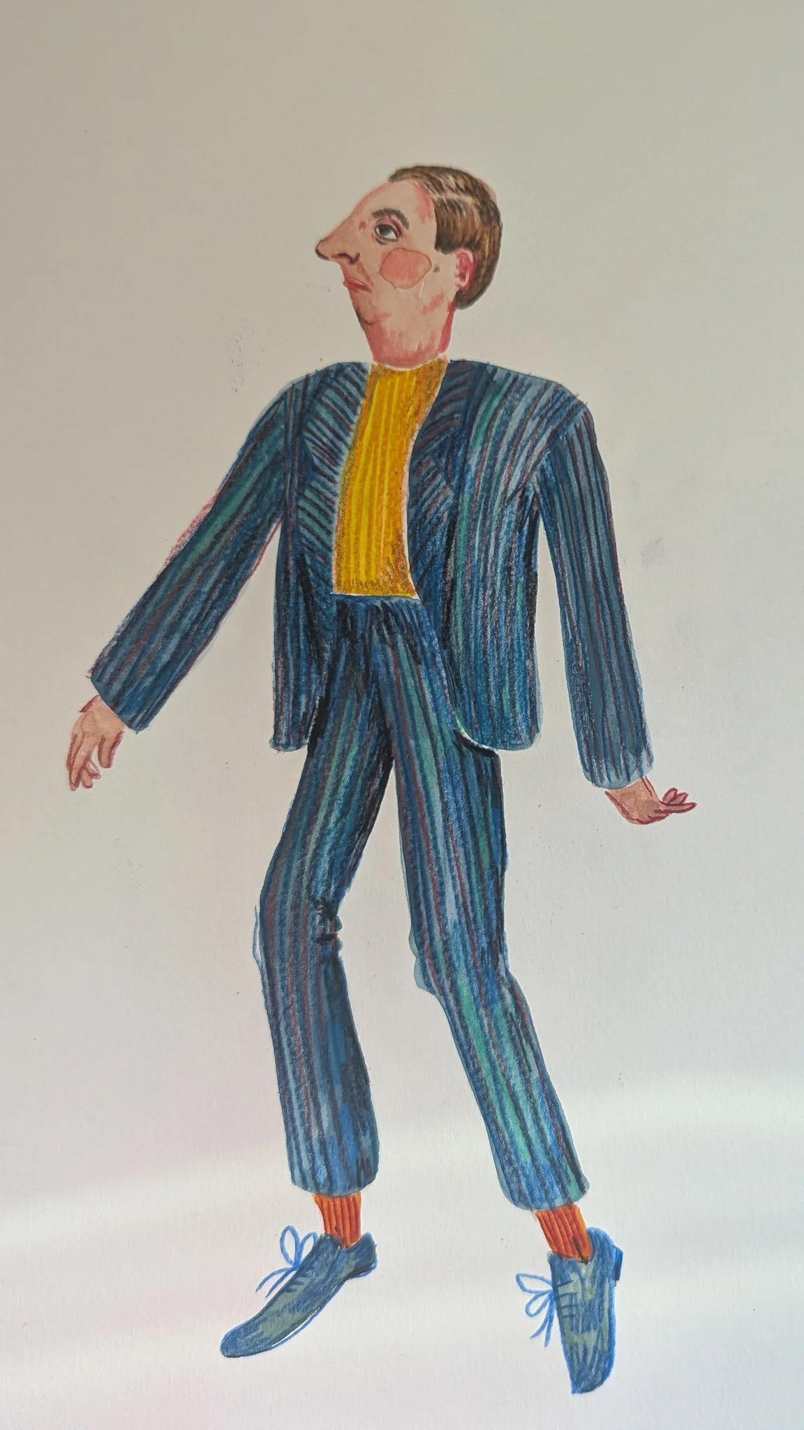 Dessin d'un homme avec une tête allongée, portant un costume à rayures bleues, une chemise jaune et des chaussures bleues, en position de danse ou de marche.