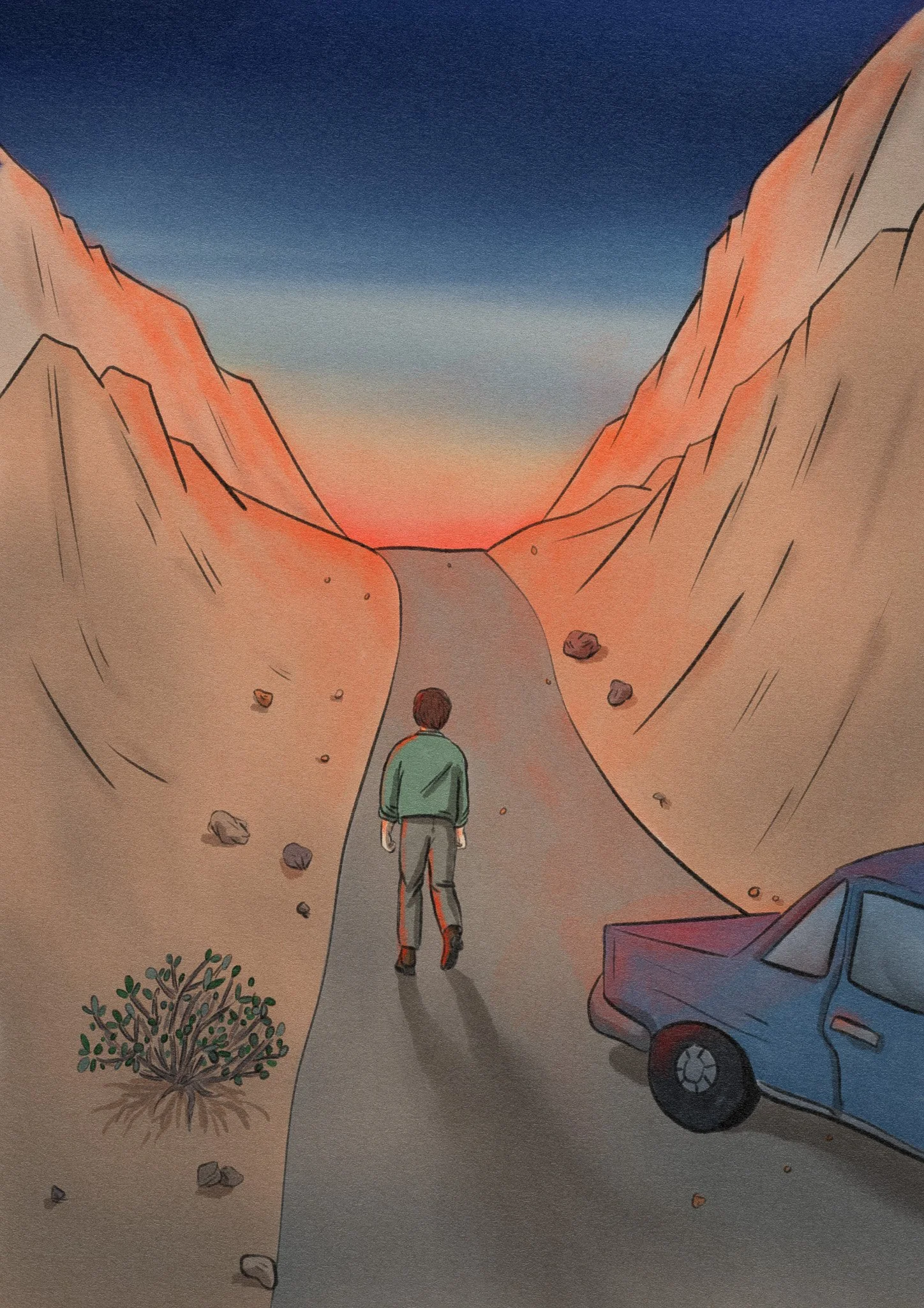 Une personne marche sur une route dans un canyon, au coucher du soleil, avec une voiture à droite.