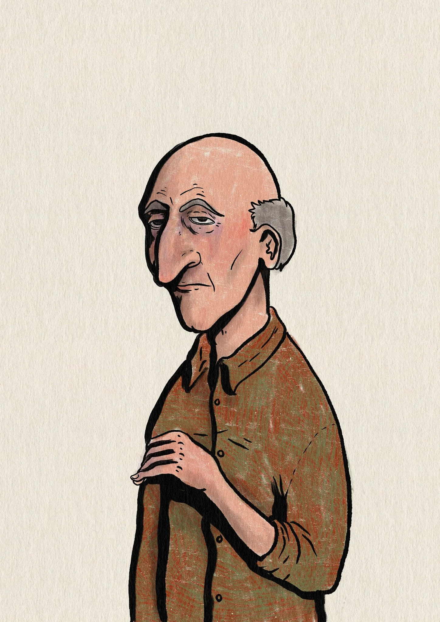 Un portrait caricatural d'un homme âgé avec une expression sérieuse, portant une chemise brune. Il est chauve avec des cheveux gris sur les côtés.