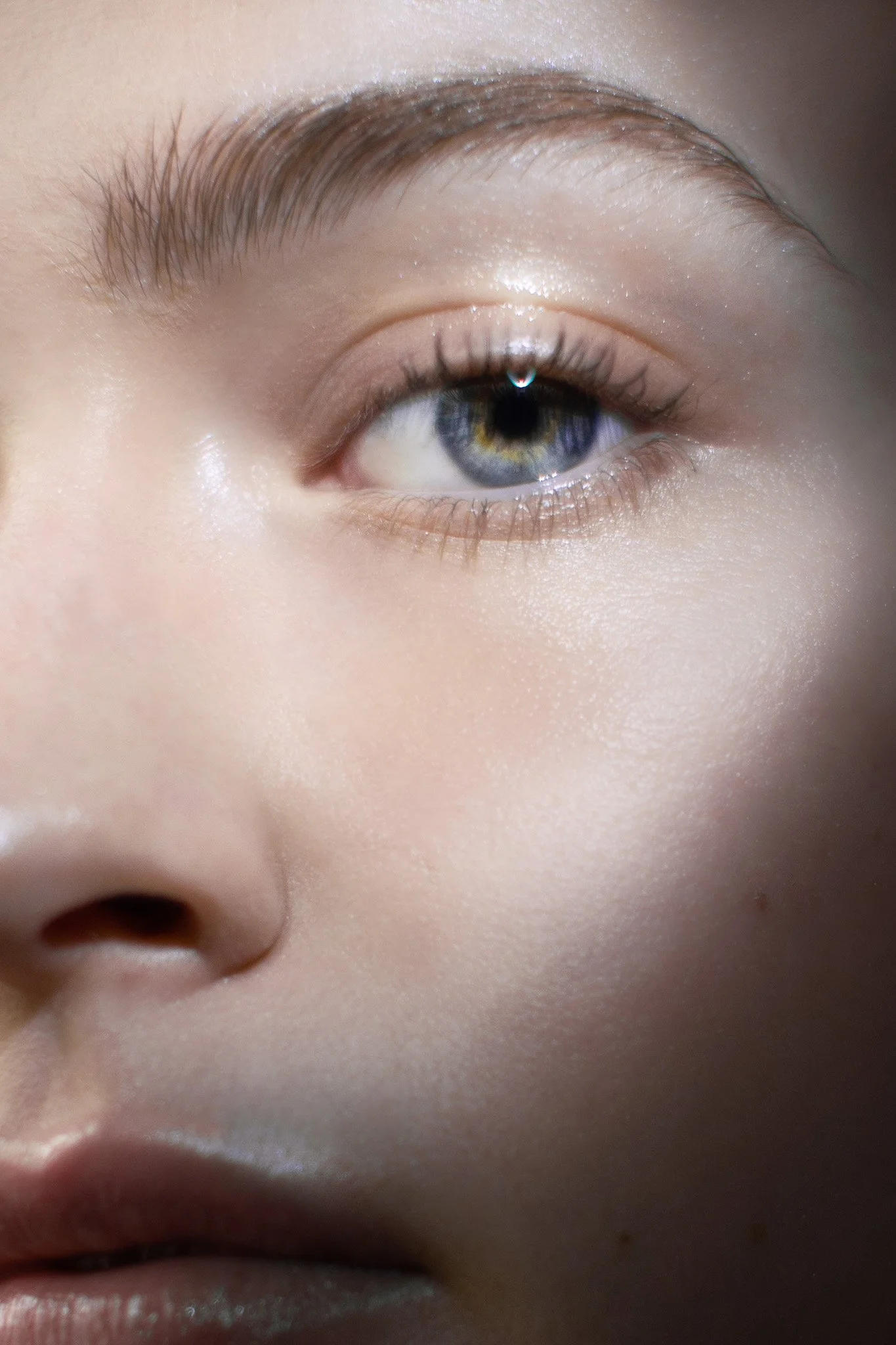 Gros plan d'un visage avec un œil et une partie du nez, peau claire et maquillage naturel.