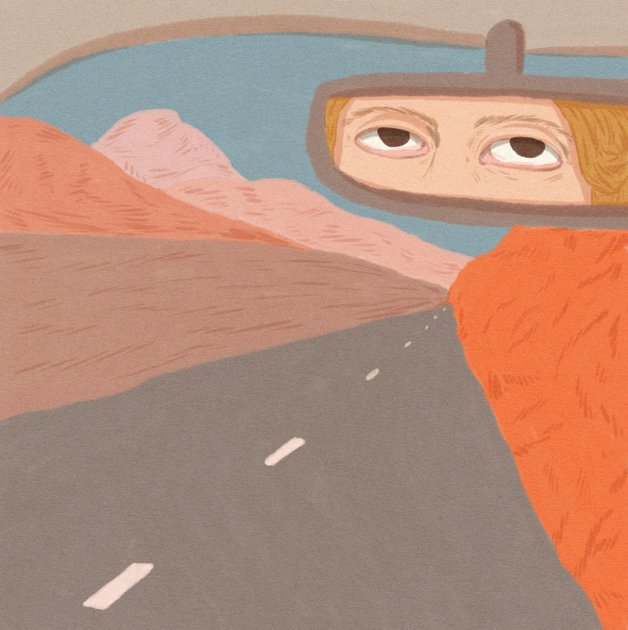 Peut-être un véhicule ou une scène de voyage, avec une route en premier plan et une personne portant un casque dans un véhicule.