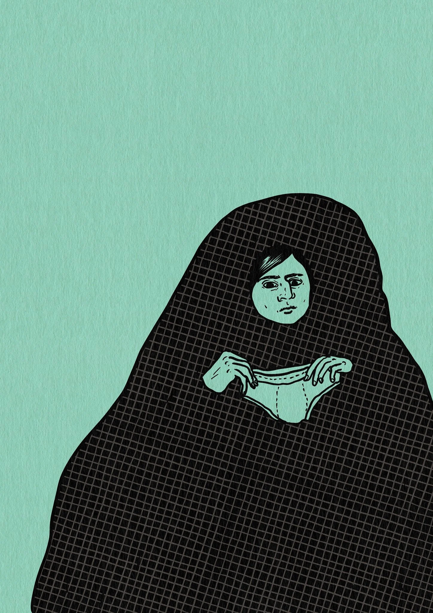 Une illustration d'une personne avec un visage de style cartoon, vêtue d'un vêtement noir à motif quadrillé, tenant un sous-vêtement turquoise, avec un fond vert pastel.