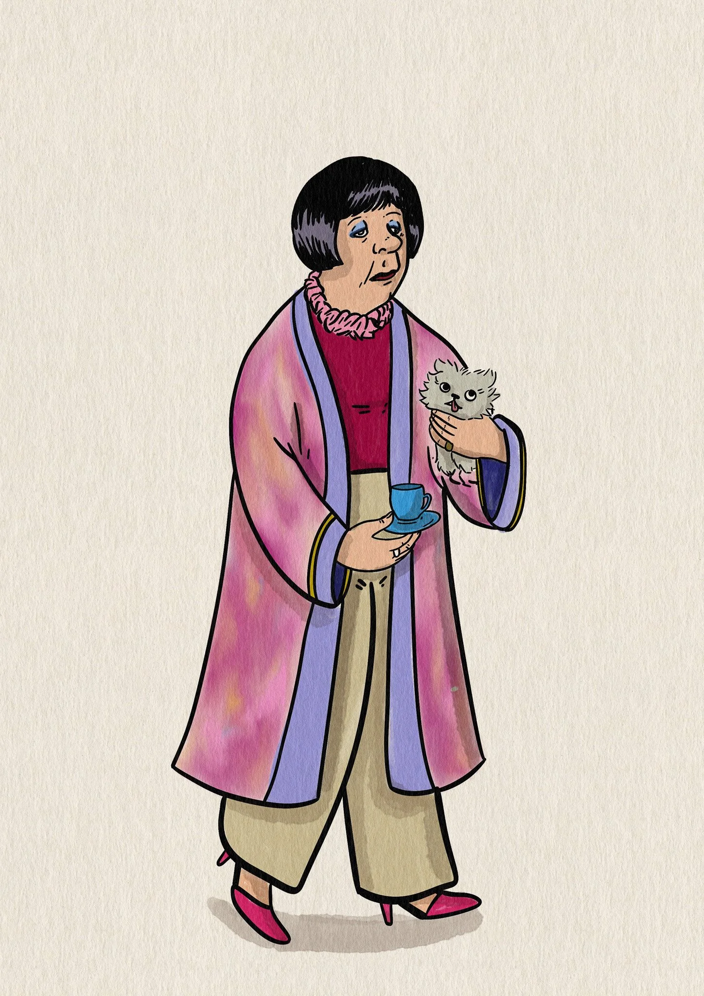 Une illustration d'une femme portant un manteau rose, tenue beige et chaussures roses, tenant une tasse et un chat, avec une expression fatiguée ou triste.