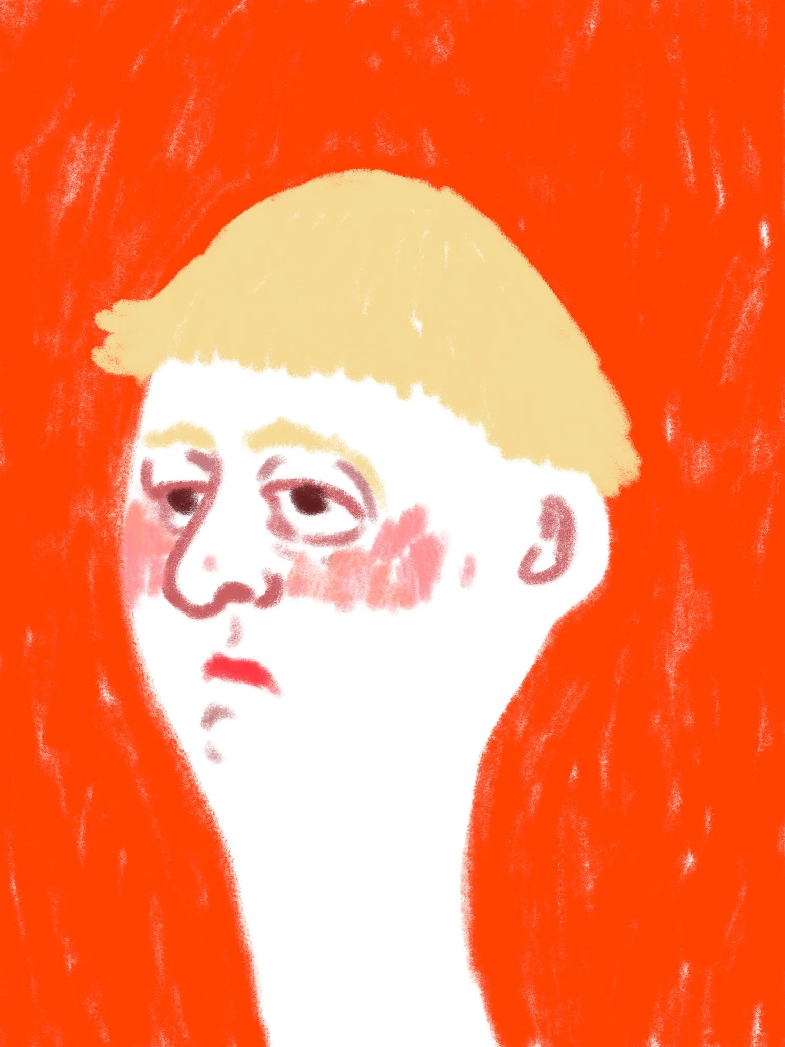Portrait d'une personne avec un fond rouge, chevelure blonde et expression fatiguée ou sérieuse.