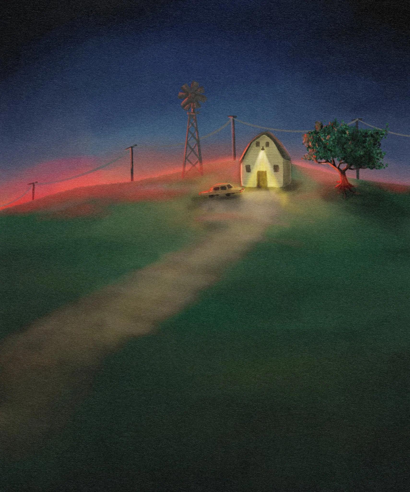 Une maison isolée sur une colline, entourée d'un arbre et d'une éolienne, sous un ciel nocturne.