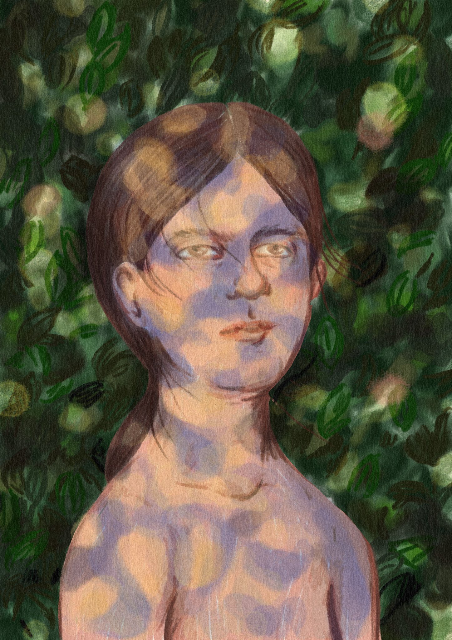 Une peinture de style impressionniste représentant une jeune femme avec les cheveux bruns clair, yeux brillants, sans vêtements, contre un fond de feuillage vert. 