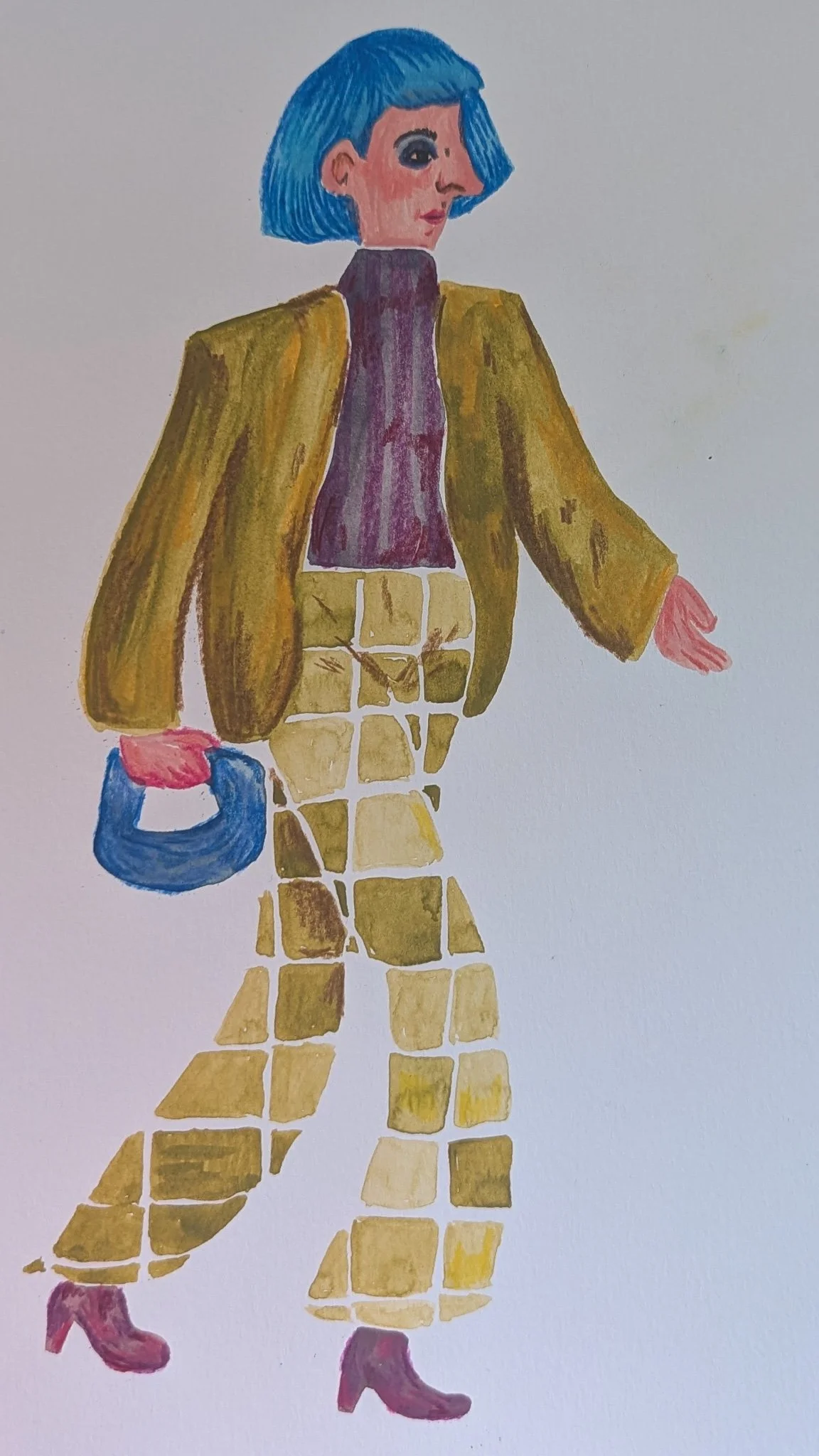 Une illustration d'une femme avec des cheveux courts et bleus, portant un blazer marron, un haut violet et un pantalon jaune à carreaux, tenant un sac à main bleu et portant des chaussures rouges.