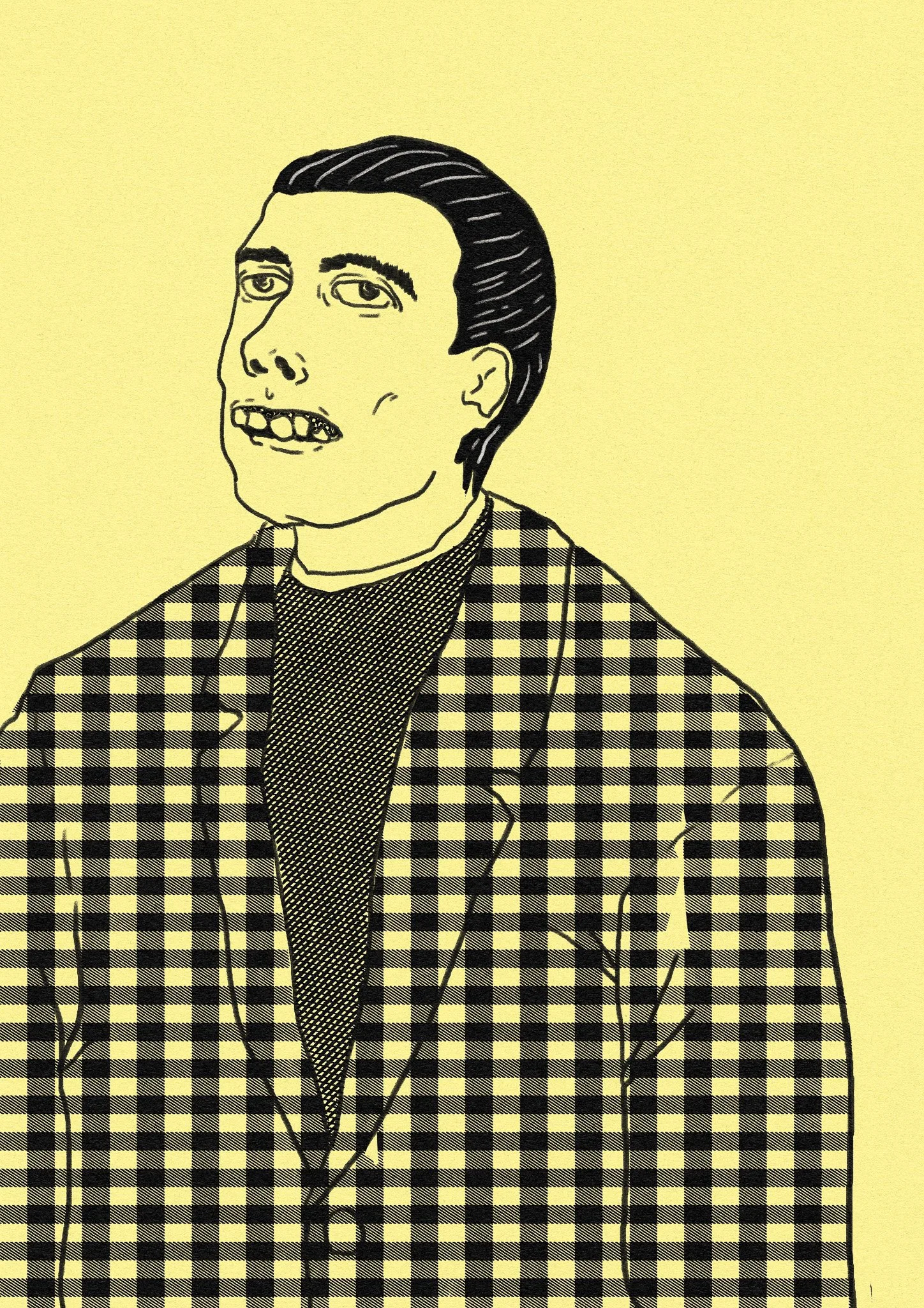 Illustration d'une personne avec un visage caricatural portant une chemise à carreaux et un geste souriant.