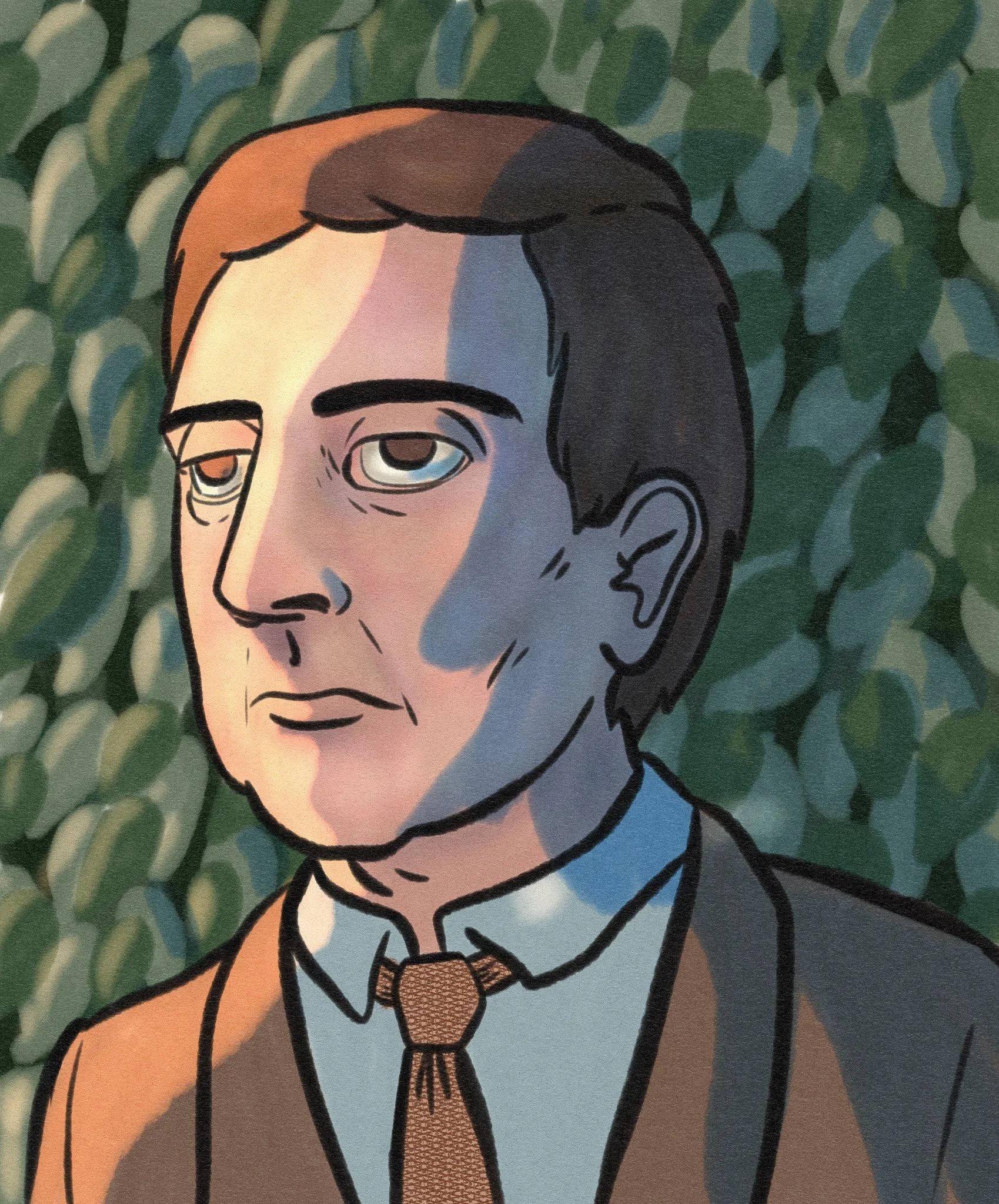 Un portrait illustré d'un homme avec une expression neutre, portant une chemise, une cravate et une veste, avec un fond de feuilles vertes.
