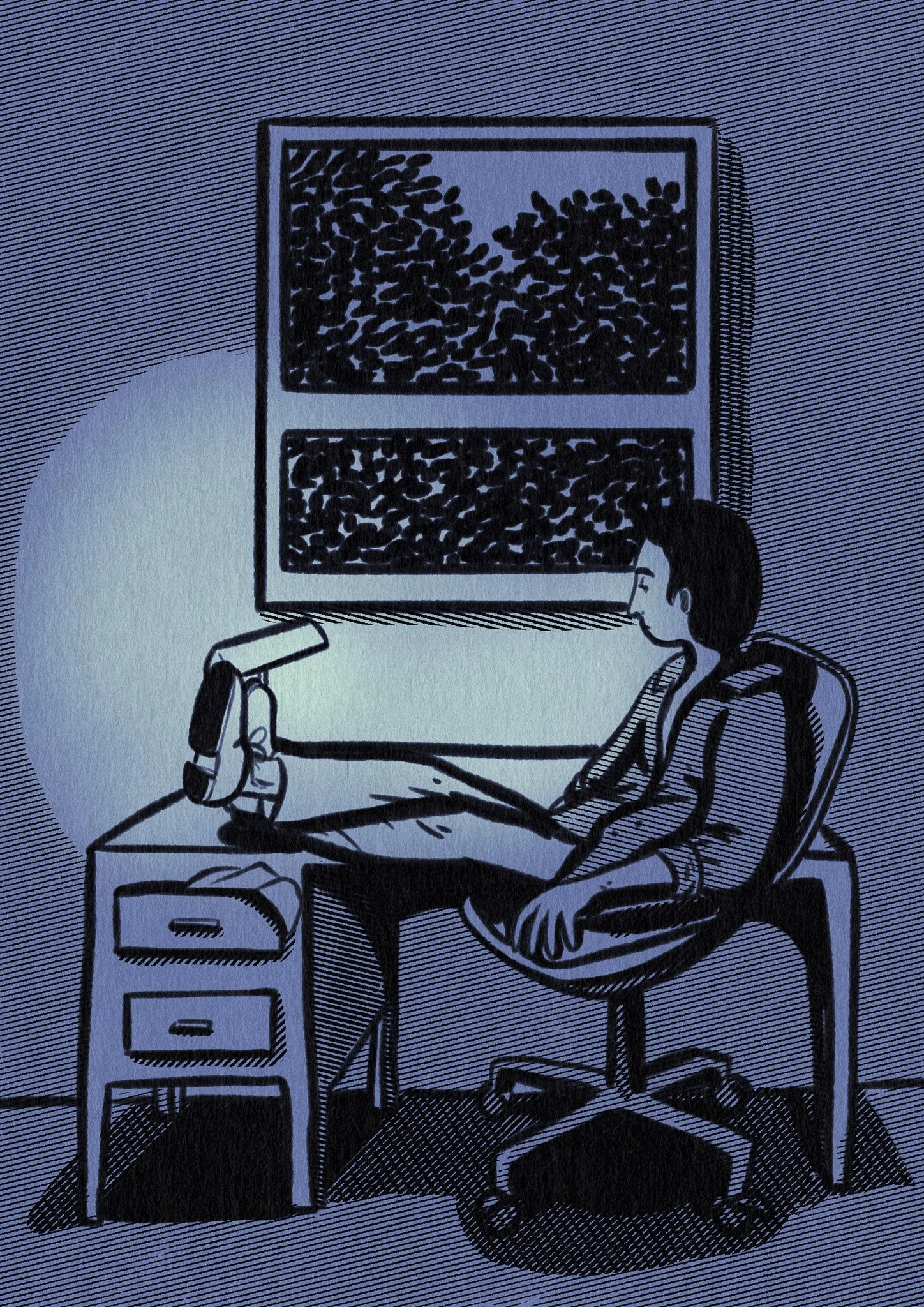 Un dessin en noir et blanc d'une personne assise devant un ordinateur dans un bureau.