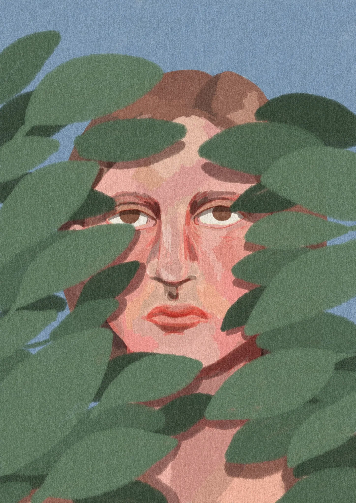 Une illustration artistique d'une femme au visage expressif, entourée de grandes feuilles vertes, avec un fond bleu.