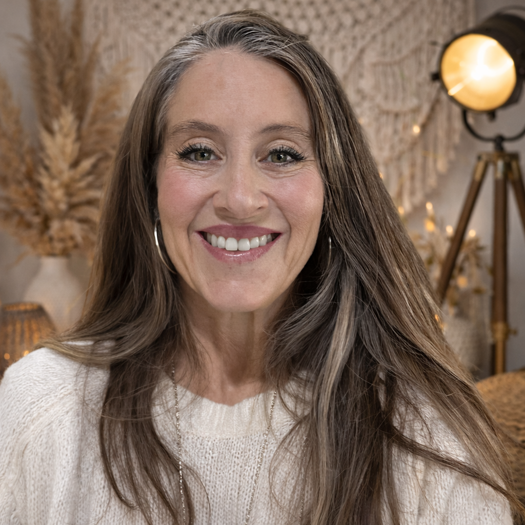 A woman with long brown hair smiling at the camera in a cozy, decorated room with warm lighting and boho-style décor.