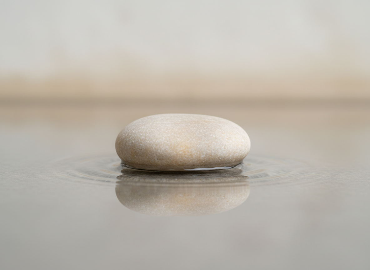 Close-up of a smooth beige stone resting on a reflective surface with a blurred neutral background.