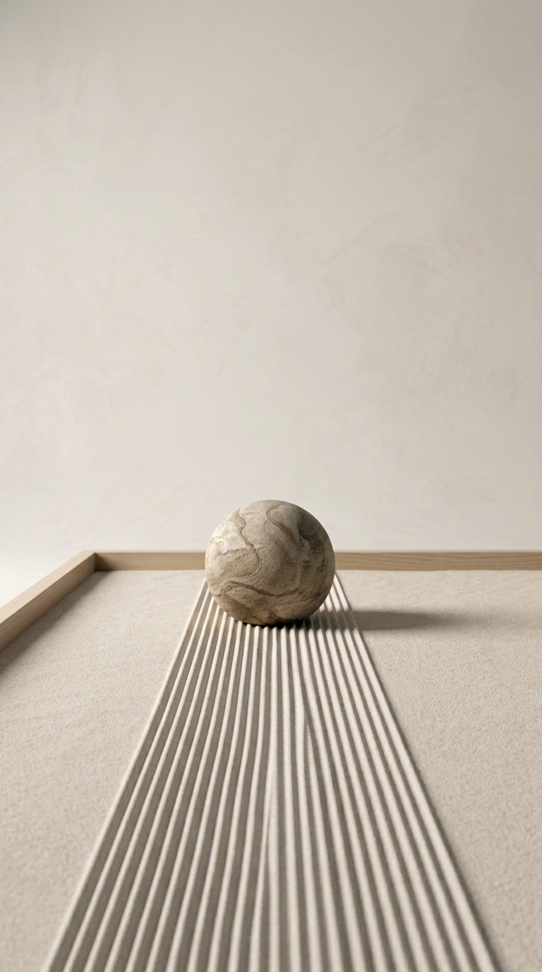 A spherical stone object on a beige textured surface with evenly spaced parallel lines, against a plain off-white background.