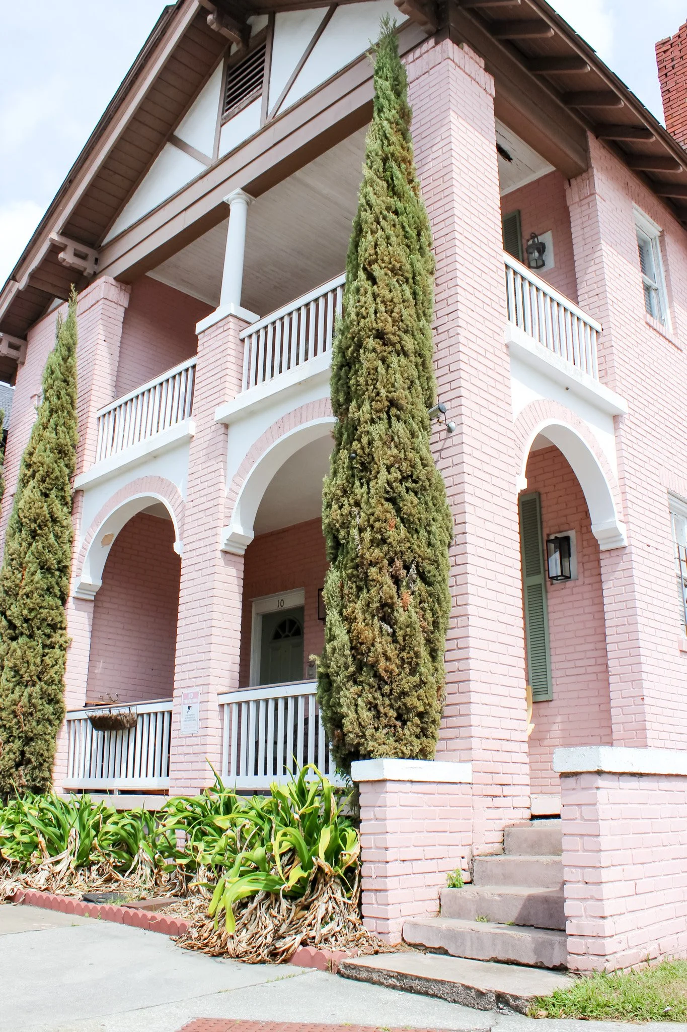 A pink brick building with white accents features arched doorways, small balconies, and a green window shutter. Tall, slender evergreen trees line the front. The sidewalk has a row of low plants with broad green leaves and dried brown foliage, bordered by pink edging. Concrete steps lead up to the building's entrance.