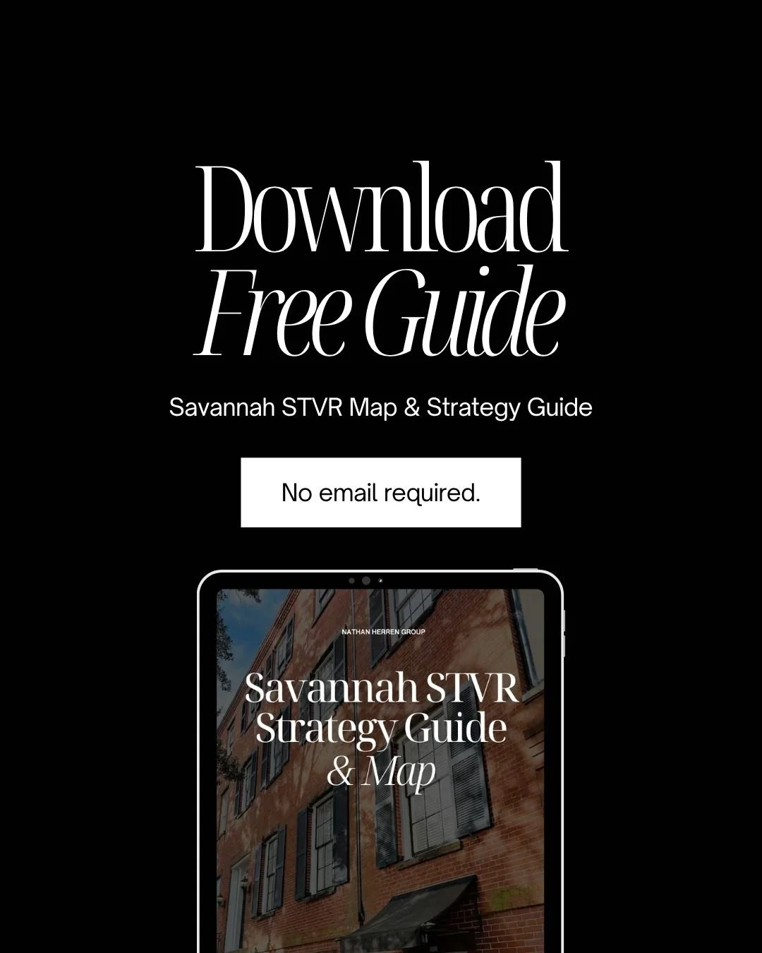 Advertisement for a free Savannah STVR map and strategy guide, featuring a screenshot of the guide on a tablet and a black background with white text.