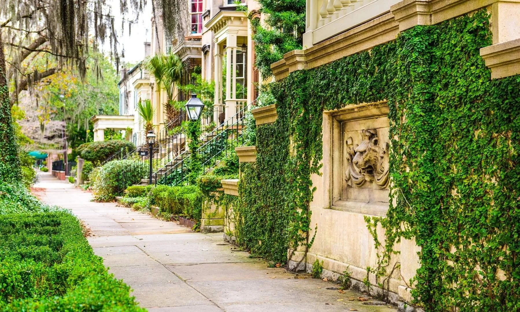 A picturesque sidewalk in a charming neighborhood with lush greenery, ivy-covered stone wall, classic street lamps, and elegant row houses with steps leading up to the entrances.