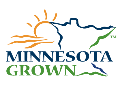 Minnesota Grown logo featuring a sunset over a mountain and a leaf.