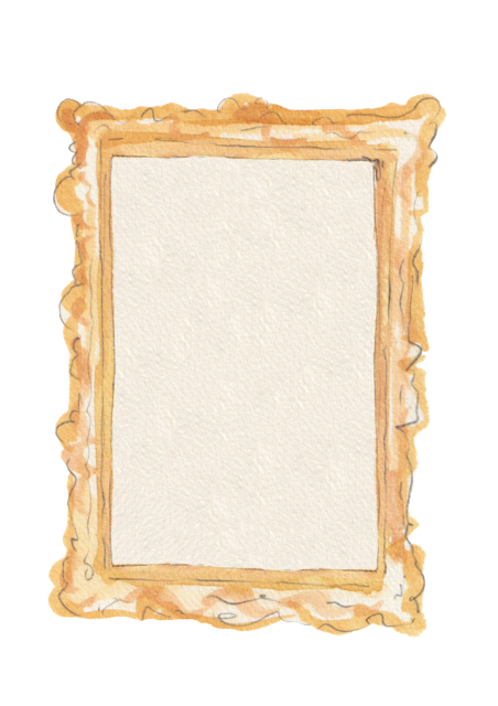 Watercolor illustration of an ornate, gold-colored picture frame with a blank white space in the center for a photo or artwork.