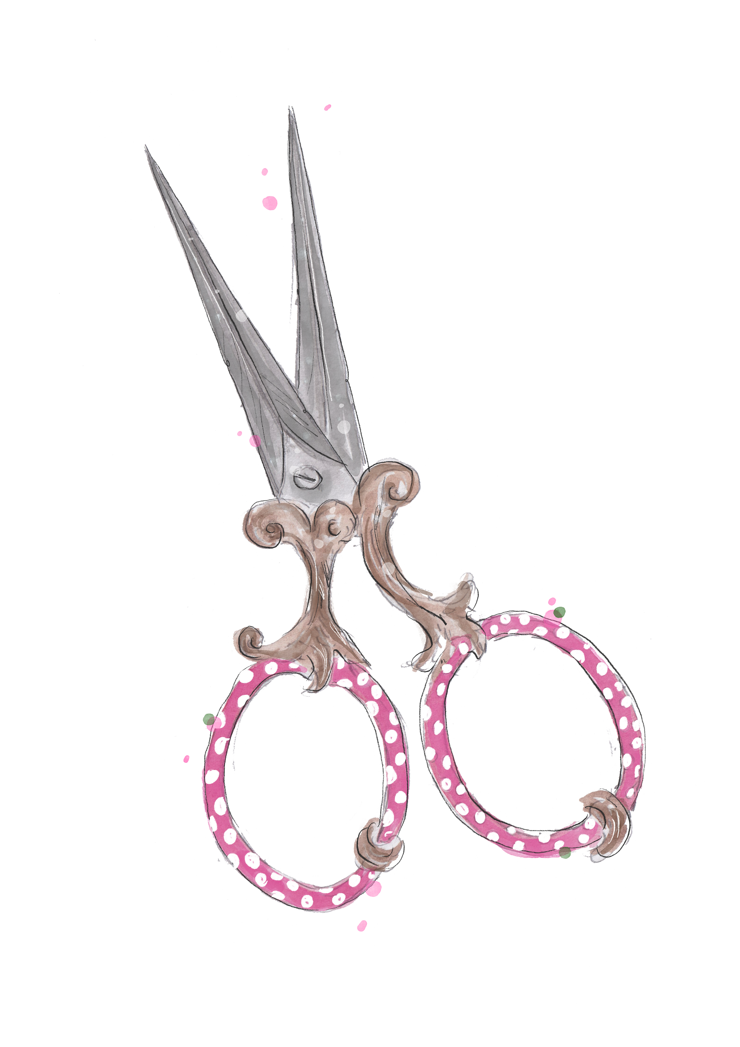 A pair of gray scissors with ornate handles resting on pink polka-dotted rings, with pink splatters in the background.
