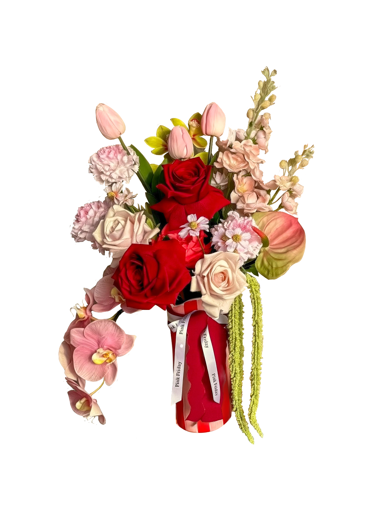 A bouquet of pink, red, and white flowers in a vase with a red and white ribbon.
