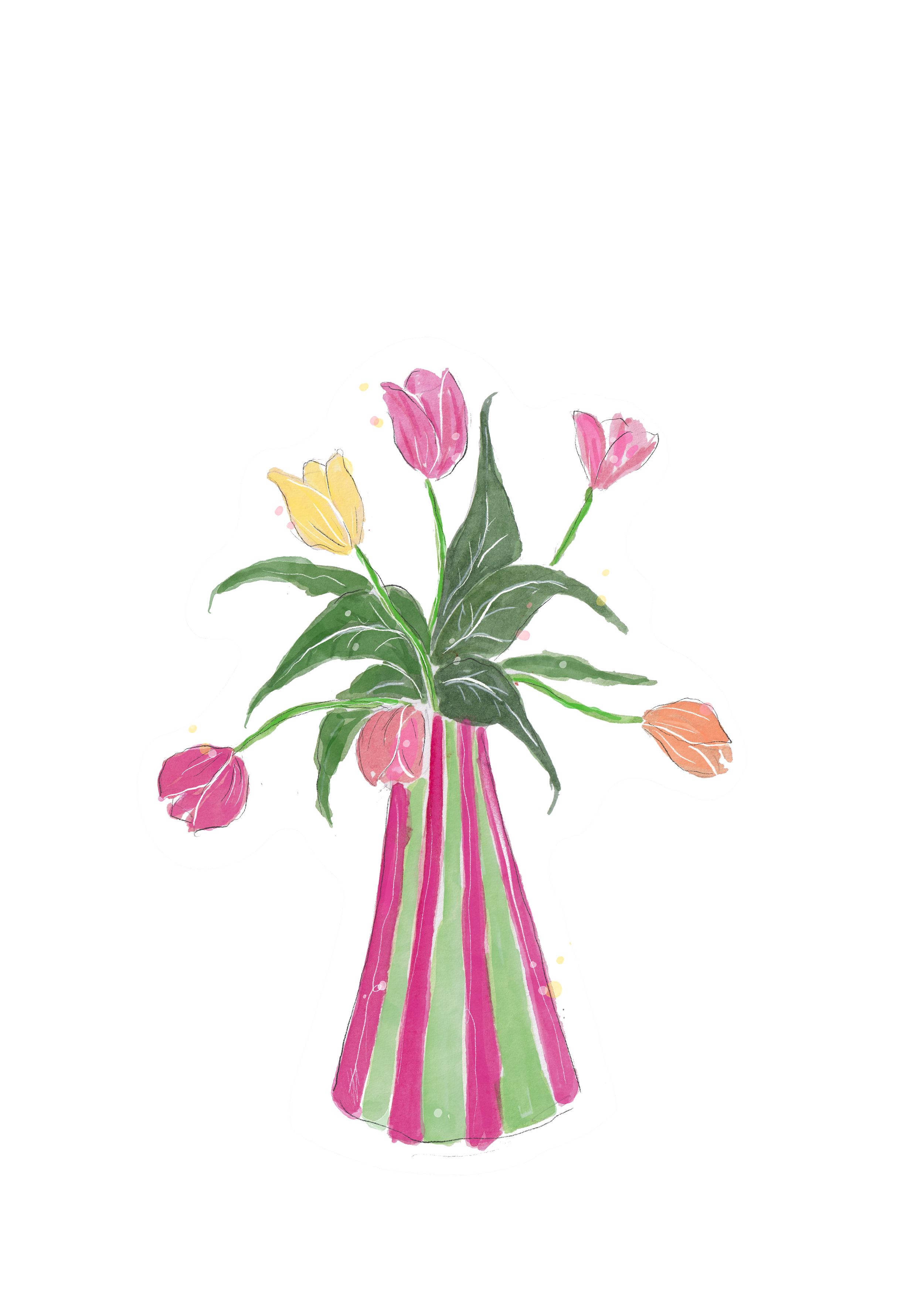 A watercolor illustration of a bouquet of pink, yellow, and orange tulips with green leaves in a tall striped pink and green vase.