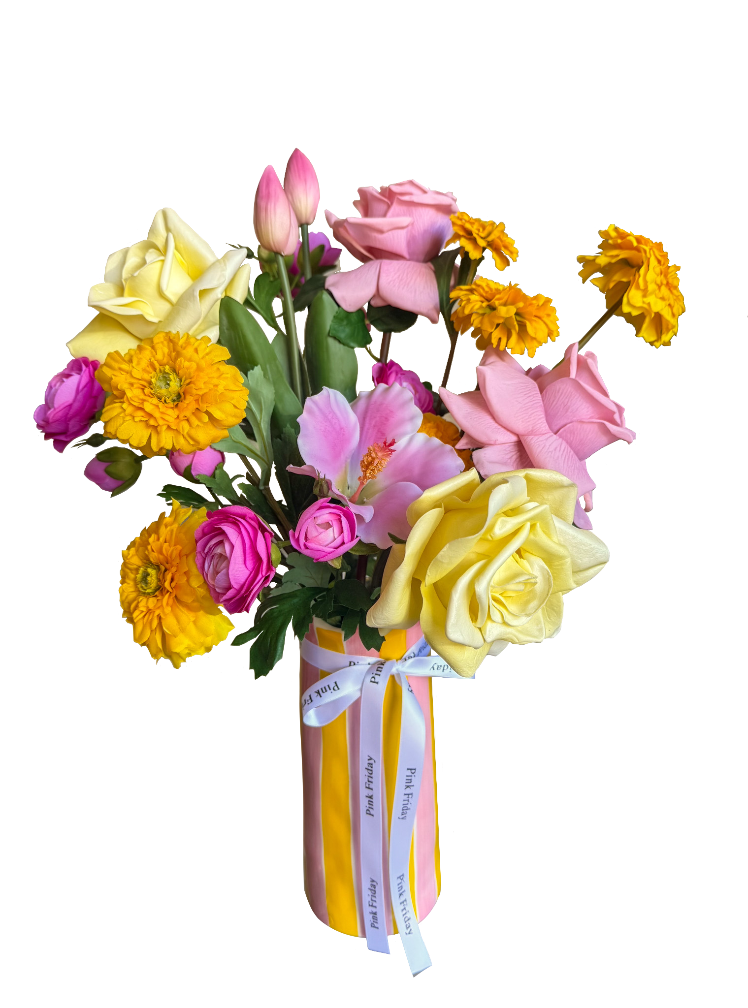A bouquet of mixed pink, yellow, and orange flowers wrapped with pink and white ribbons that read "Pink Friday."