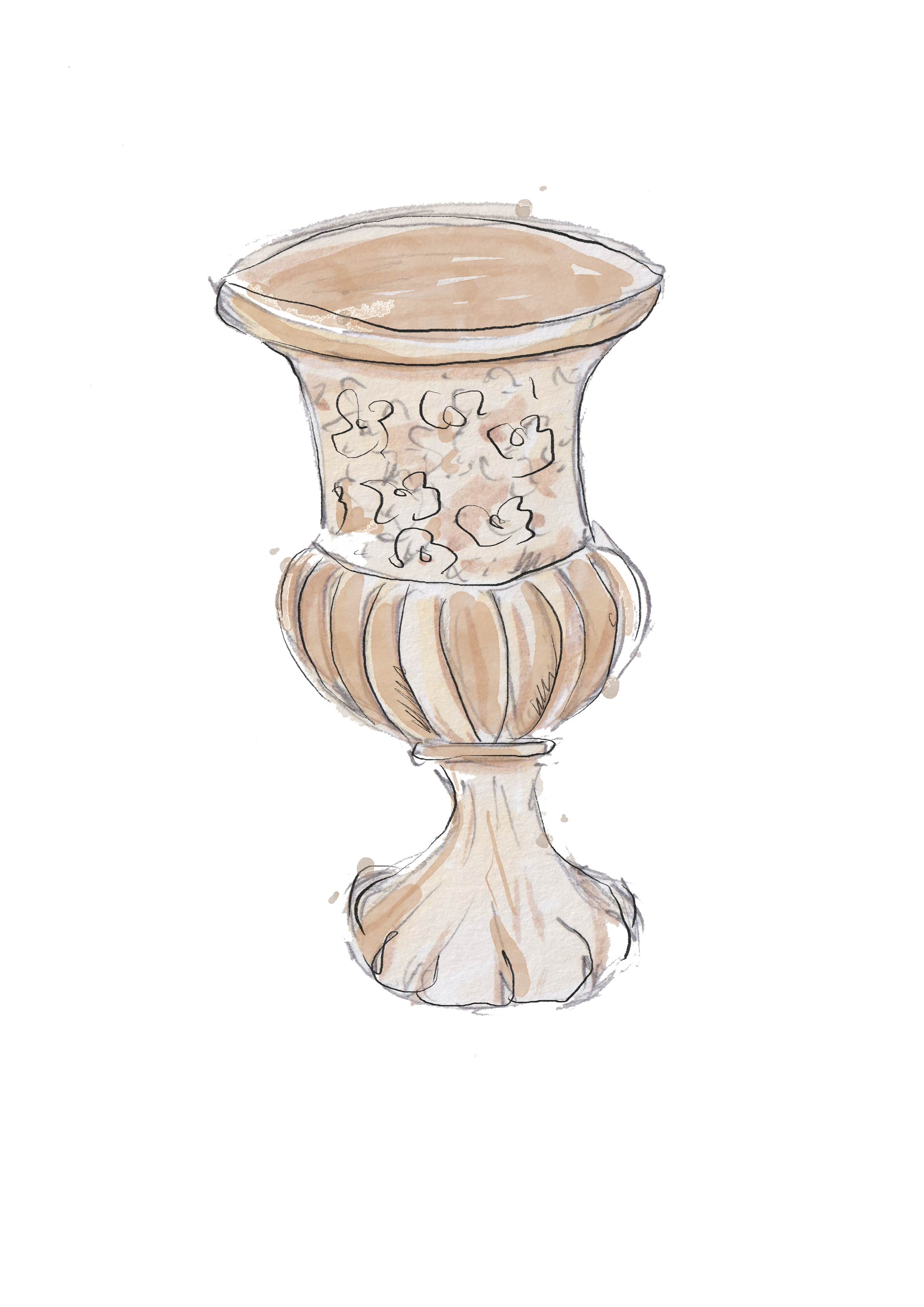 A watercolor illustration of a decorative pedestal vase with a floral pattern, featuring a wide open top and a flared base.