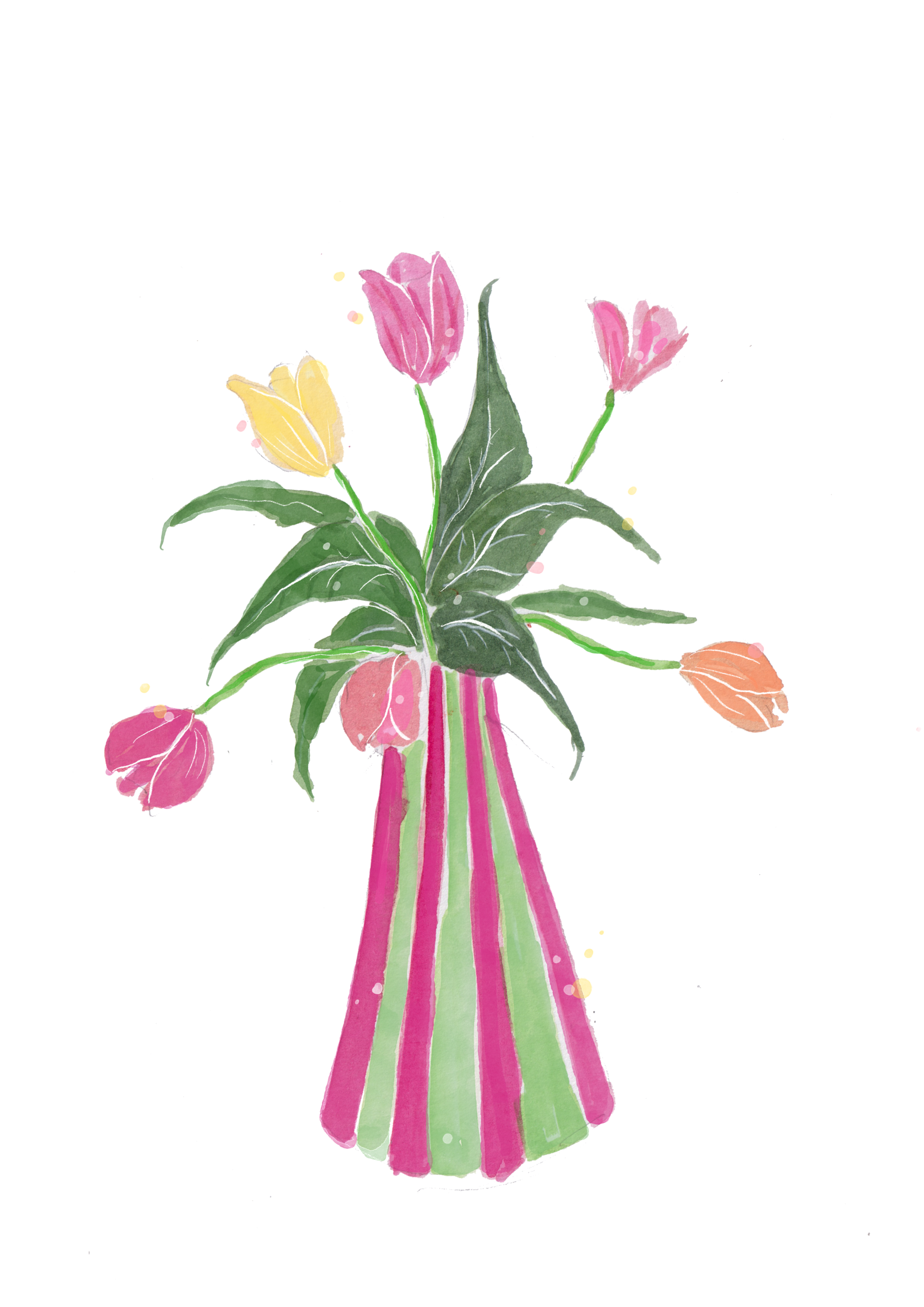 A colorful illustration of a flower bouquet in a striped pink, green, and white vase, with pink, yellow, and orange flowers and green leaves.