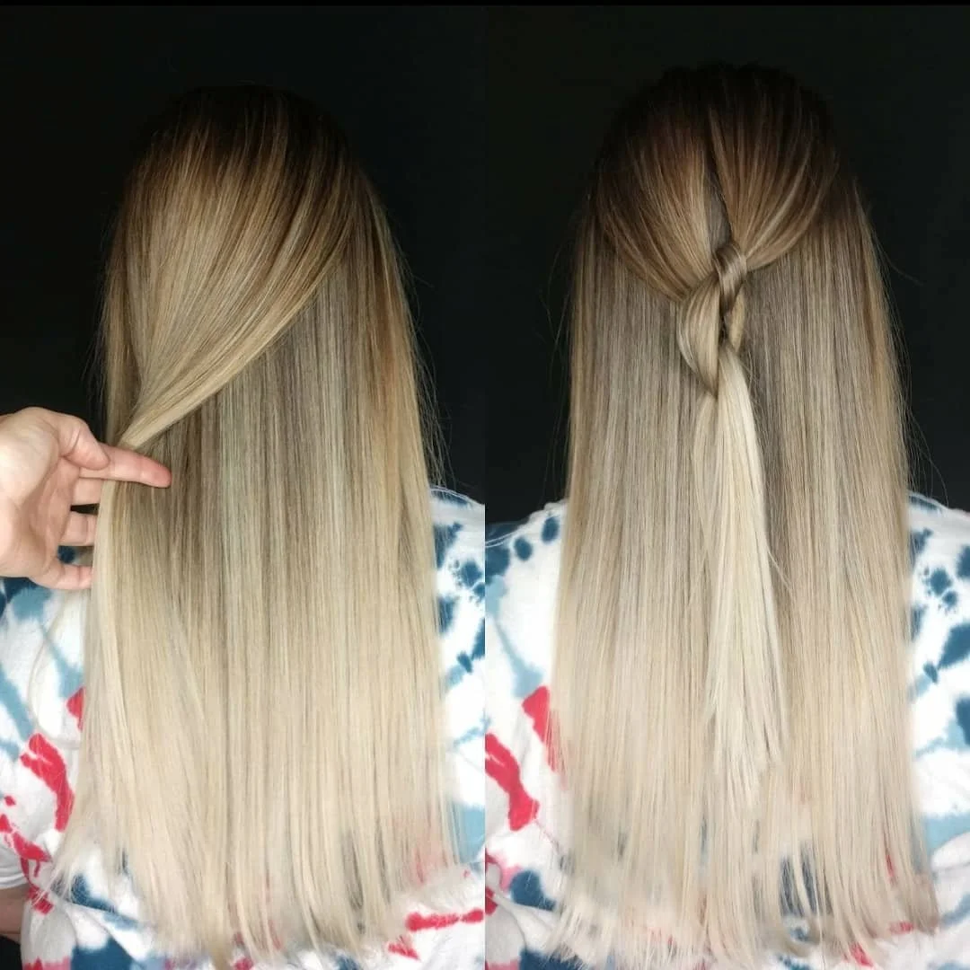 Side-by-side images of long, blonde, straight hair; the left shows the hair being held to reveal the length and smoothness, while the right shows the hair styled with a small twist and pinned section.