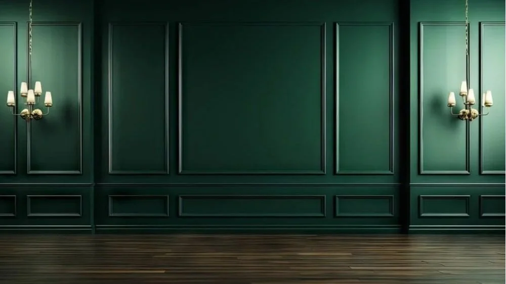 Empty green wall with decorative molding and two wall sconces with multiple white lampshades in a room with dark wood flooring.