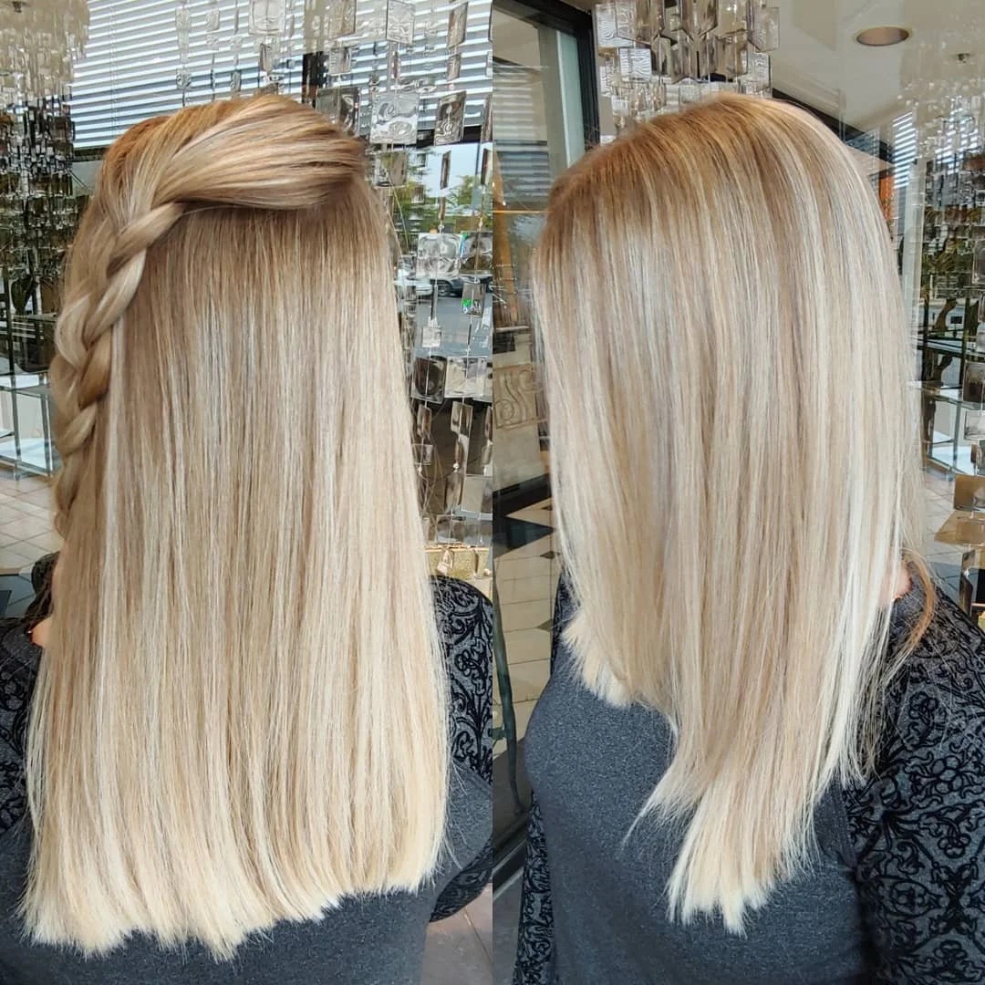 Comparison of blonde hair before and after a haircut, with the hair on the left styled with a braid.