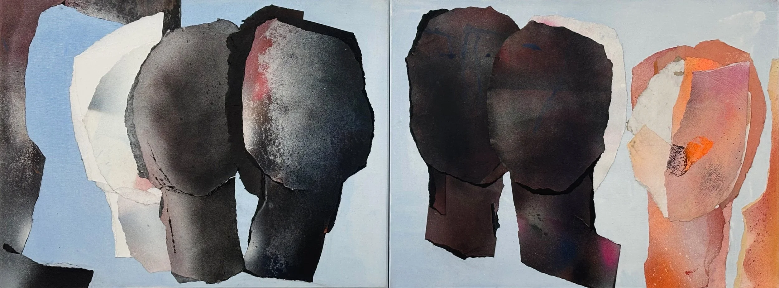 An abstract diptych painting featuring torn paper or watercolor on paper depicting human silhouettes in profile against a light blue background, with dark and earth-tone colors.