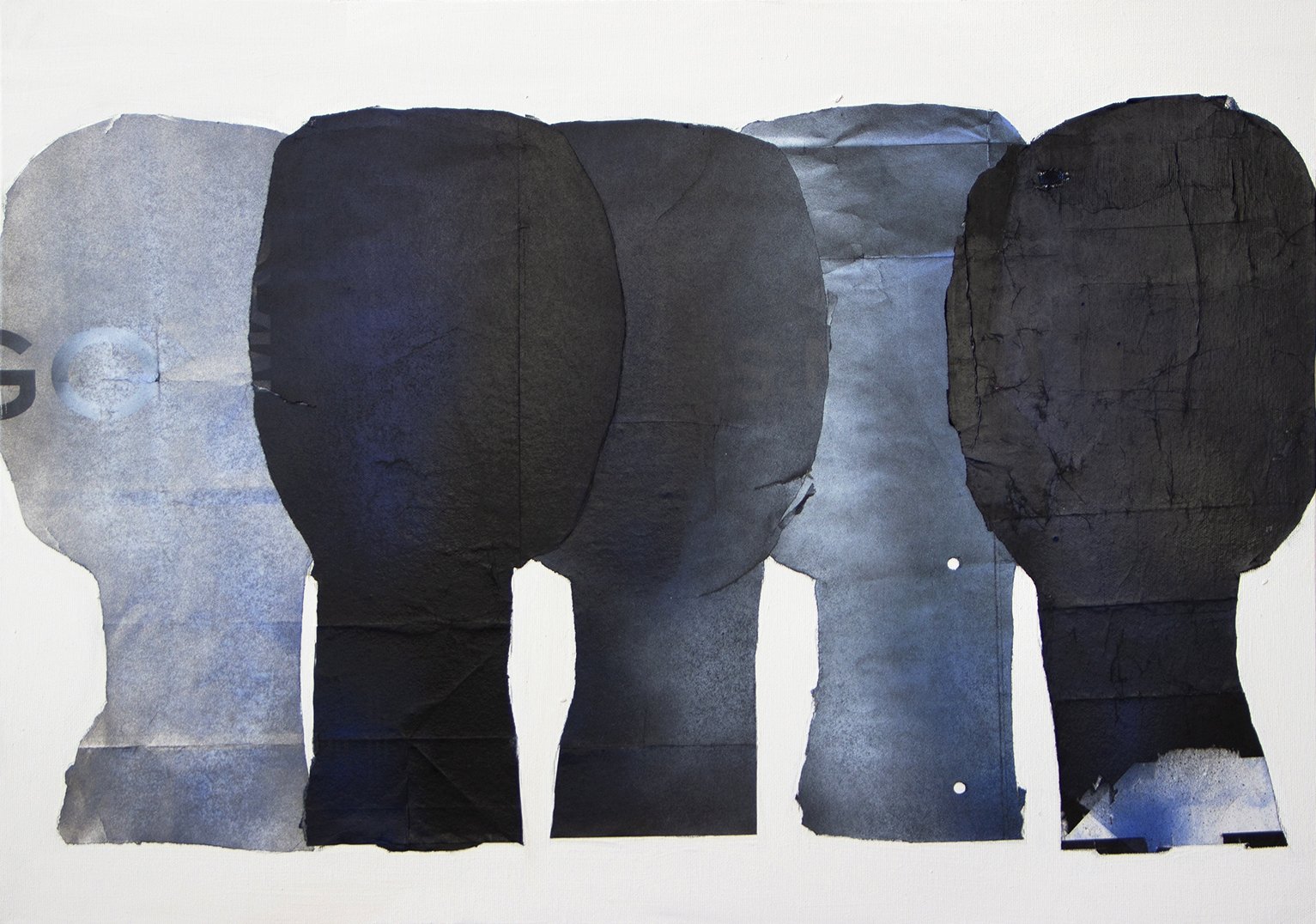 A collage of four human profiles made from cut-out textured paper in shades of blue, black, and gray, arranged side by side against a white background.