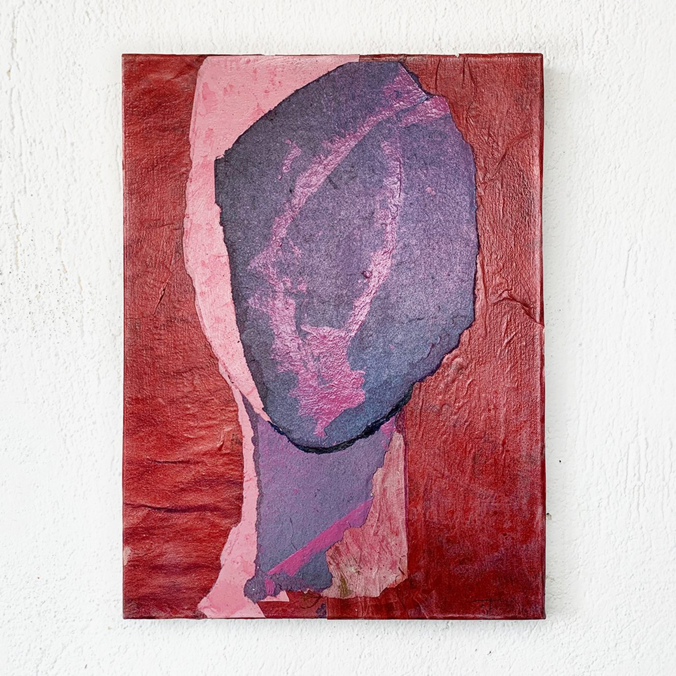 Abstract portrait painting of a person's face using pink, purple, and black colors on a textured canvas.